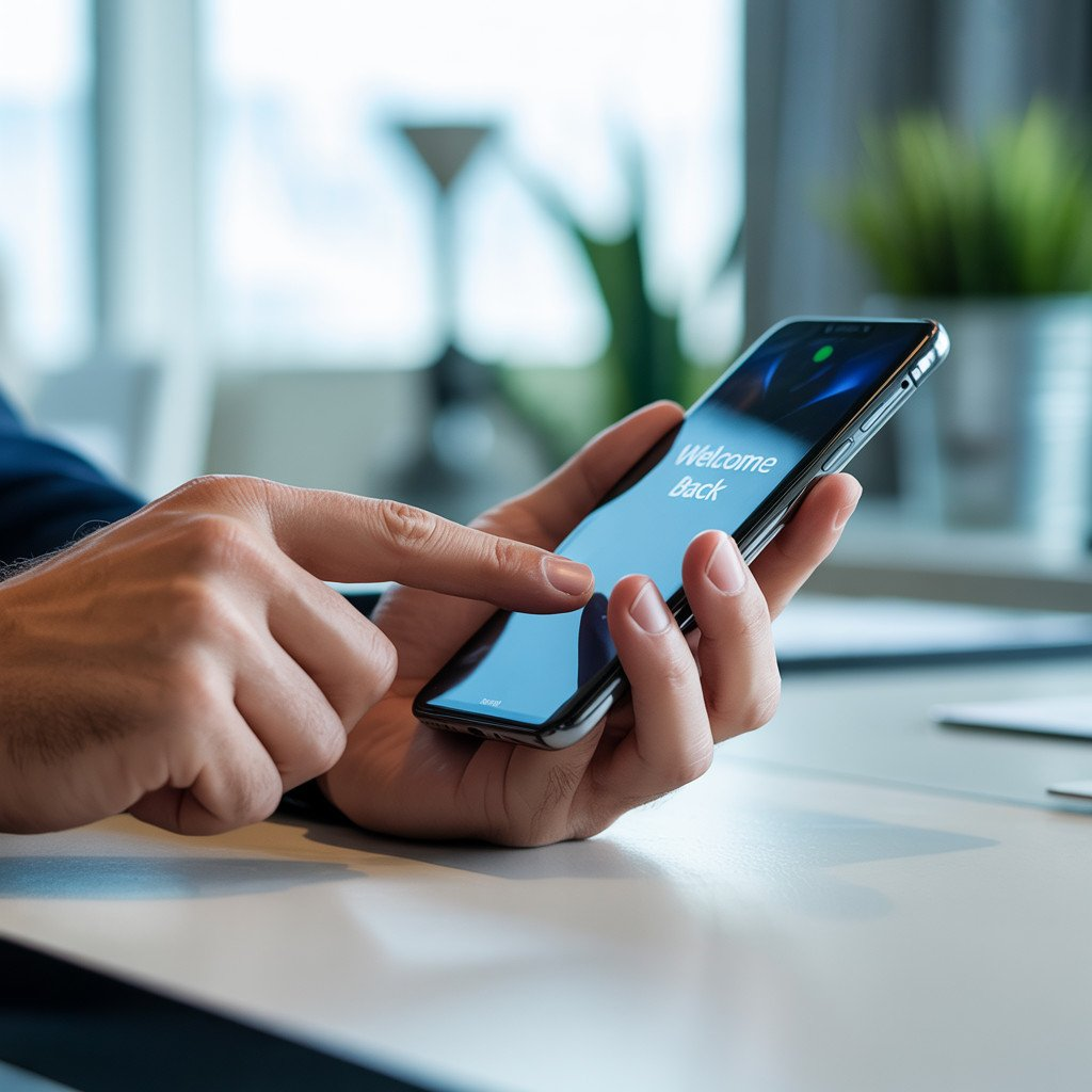 Manos sosteniendo un smartphone con una pantalla de 'Bienvenido de nuevo'.