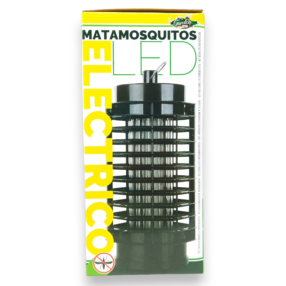 Caja con un matamoscas dentro. La caja está etiquetada con texto.