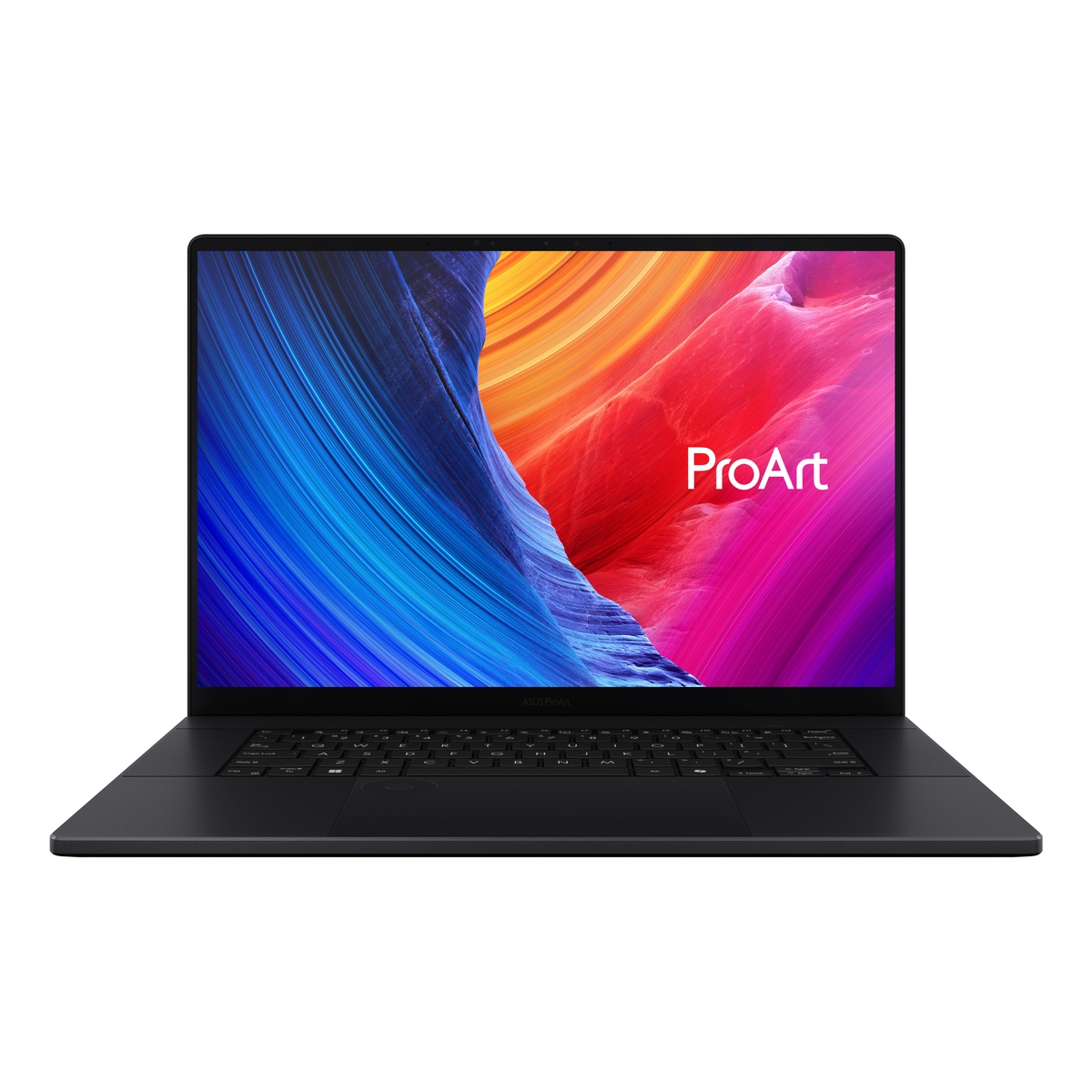 Portátil negro que muestra una imagen abstracta y colorida y el logotipo de ProArt en la pantalla.