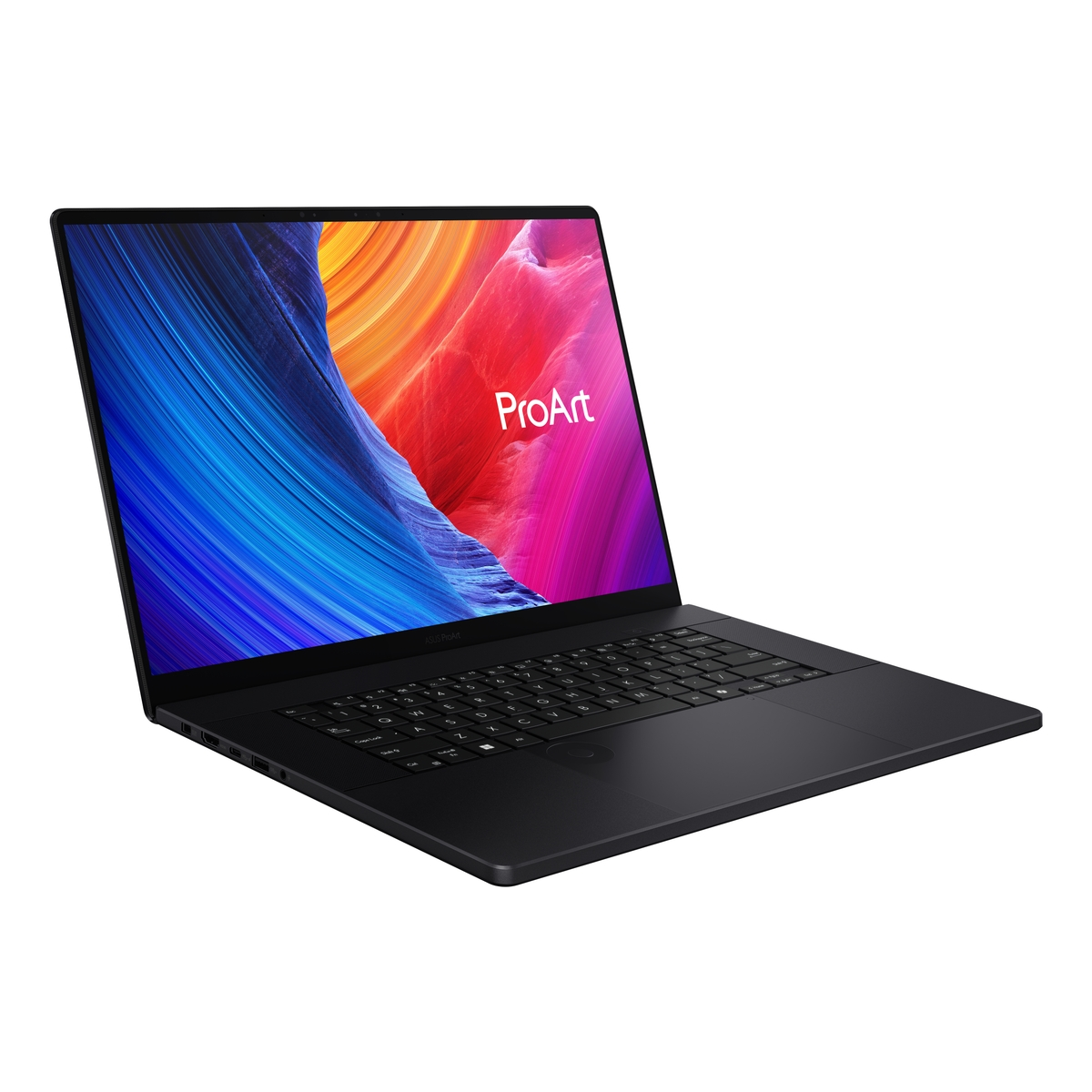 Portátil negro con pantalla colorida. La pantalla dice ProArt. Cuerpo negro, vista en ángulo.