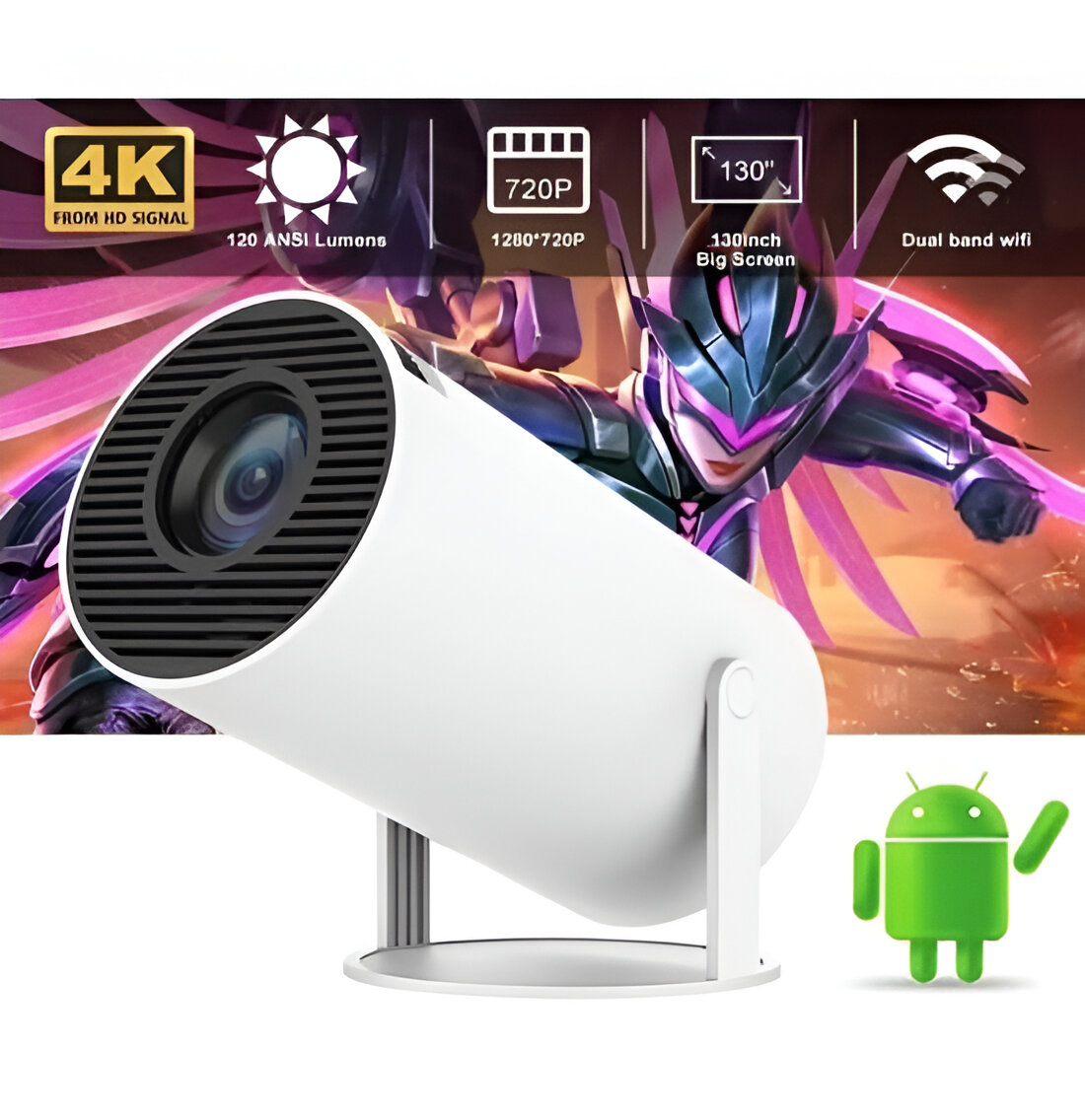 Proyector blanco mostrando una escena de juego, con iconos que indican funciones como 4K y WiFi.
