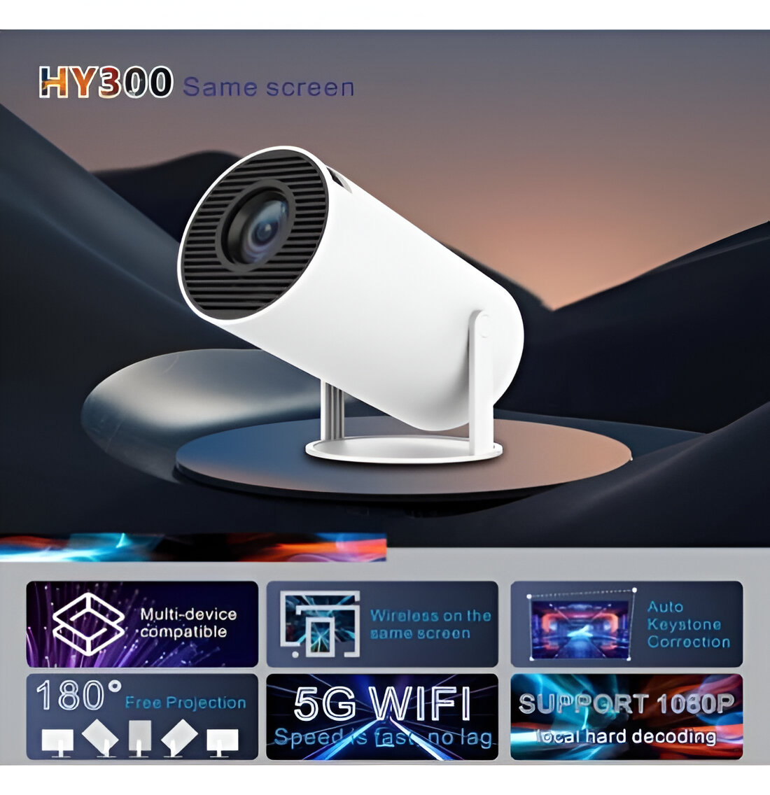 Proyector cilíndrico blanco, con iconos que muestran características como 4K y 5G WiFi.