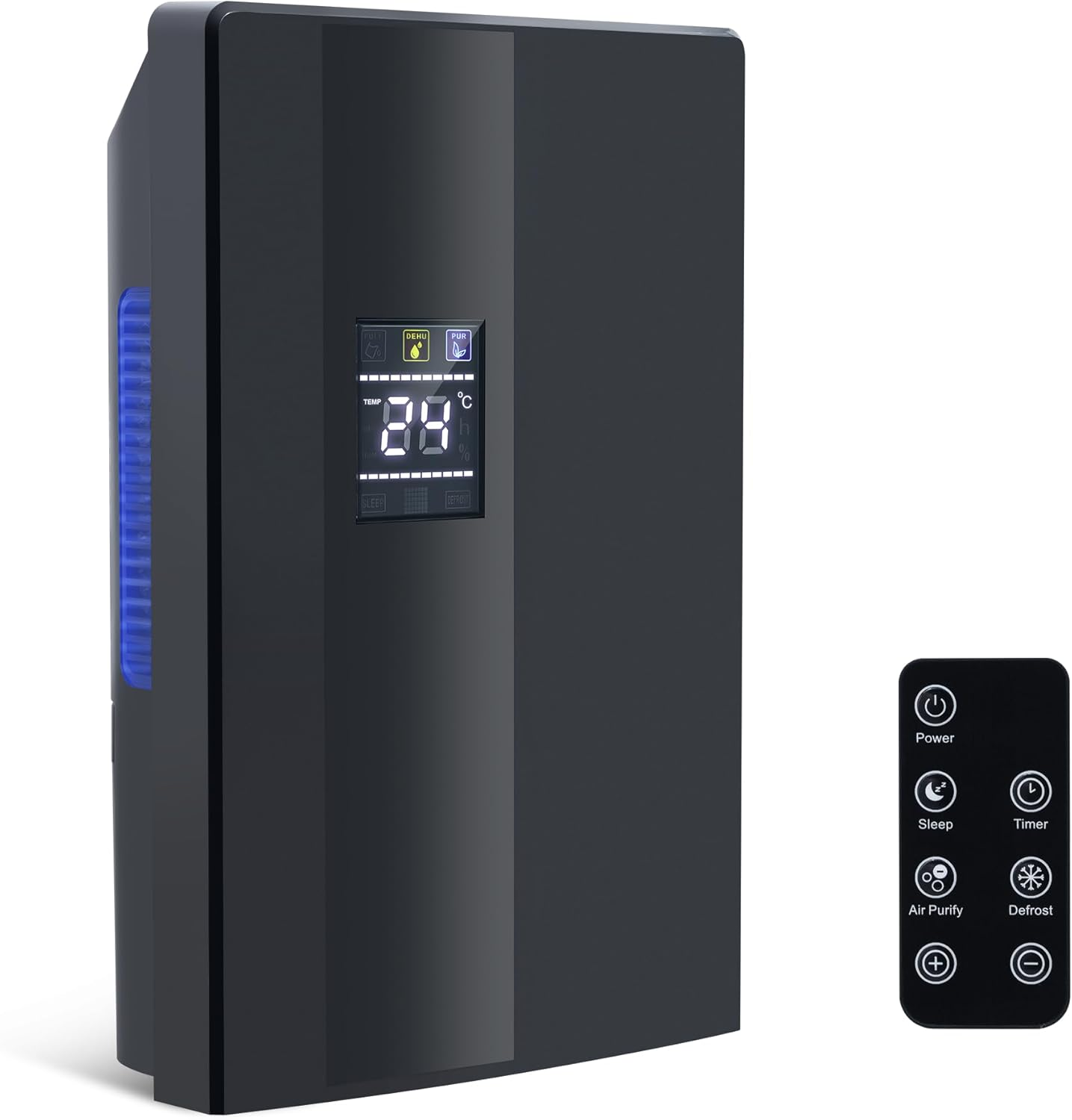 Czarny oczyszczacz powietrza z wyświetlaczem cyfrowym i pilotem. Przyciski: zasilanie, uśpienie, timer, oczyszczanie.