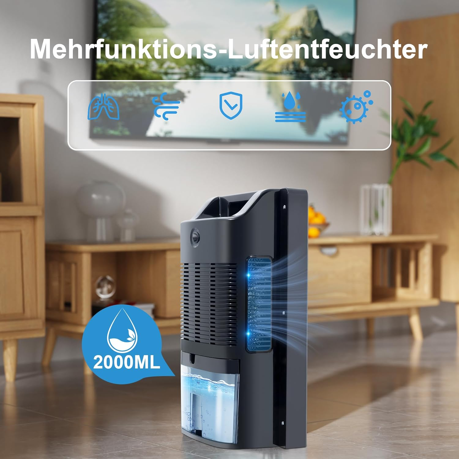 Czarny osuszacz, zbiornik na wodę i niebieskie światło. Ikony: powietrze, woda, ochrona.