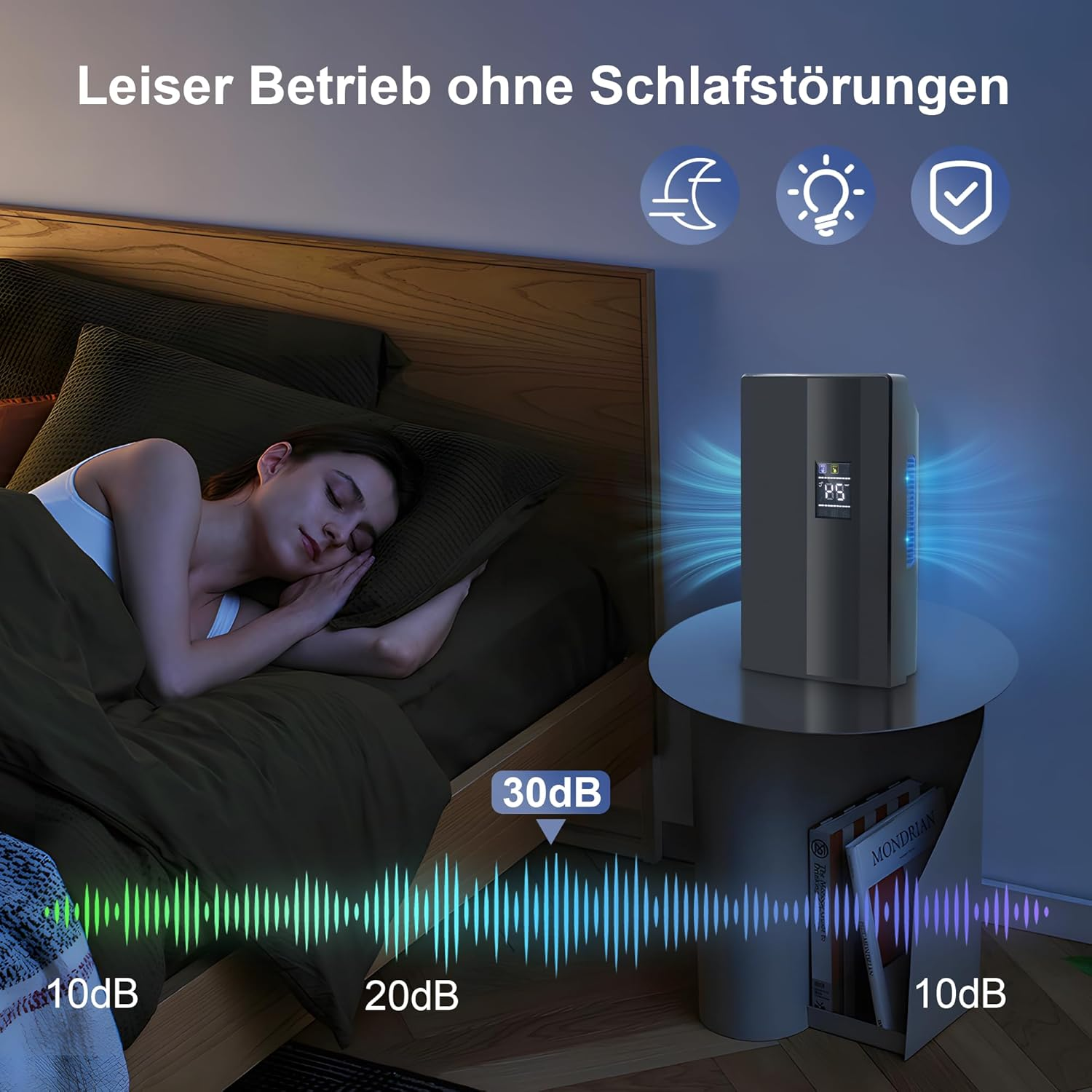 Kobieta śpiąca, osuszacz na stoliku. Wskaźniki poziomu hałasu. Tło: sypialnia, łóżko, książki.