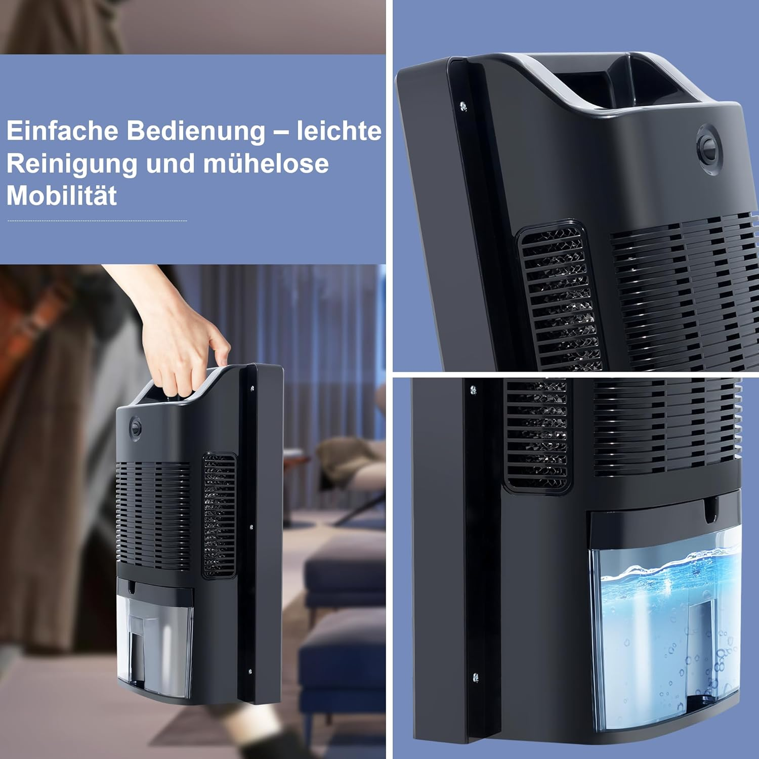 Zdjęcia czarnego osuszacza powietrza. Ręka trzymająca uchwyt. Tekst: Łatwy w użyciu, łatwe czyszczenie.