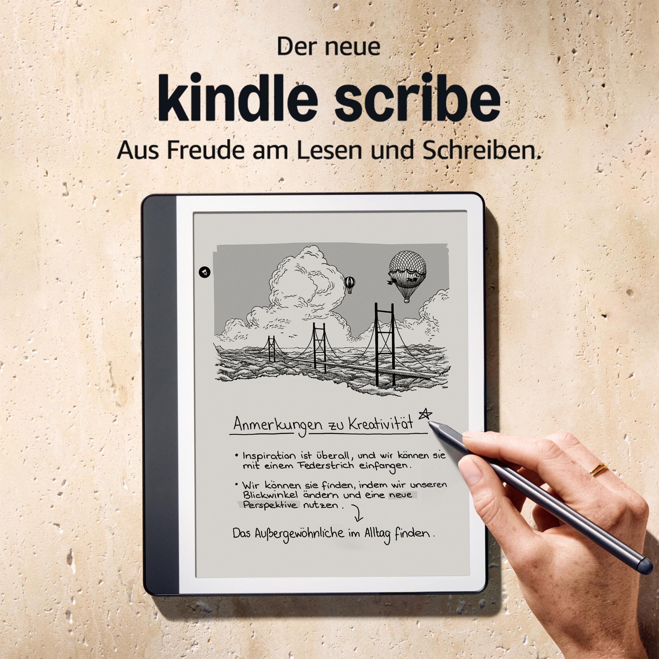 Kindle Scribe z piórem, wyświetlający szkic mostów i balonów. Tekst brzmi 'Notatki o kreatywności'.