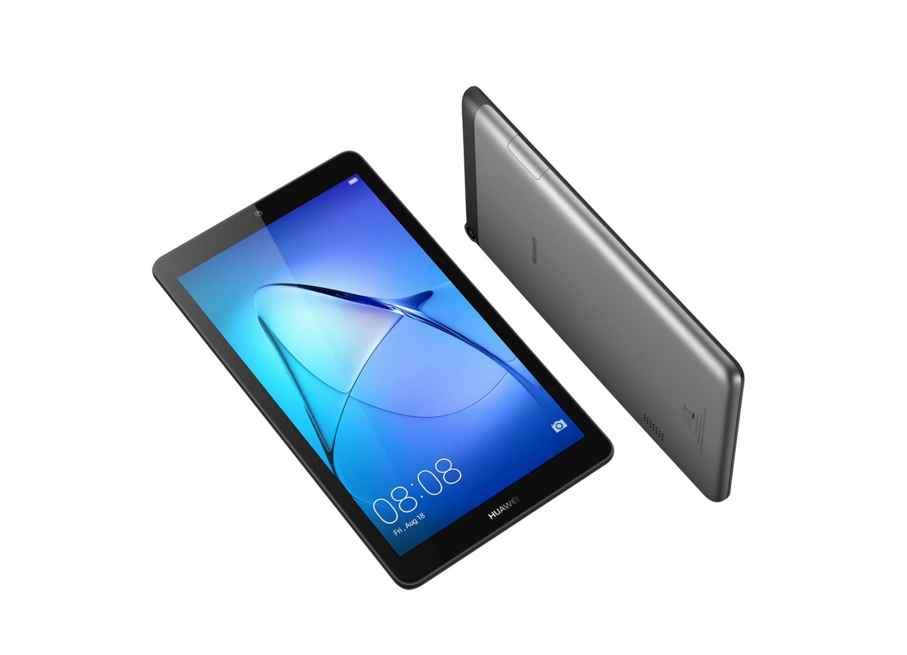 Schwarzes Tablet mit blauem Bildschirm und Zeitanzeige. Ein weiteres Tablet ist rechts zu sehen.