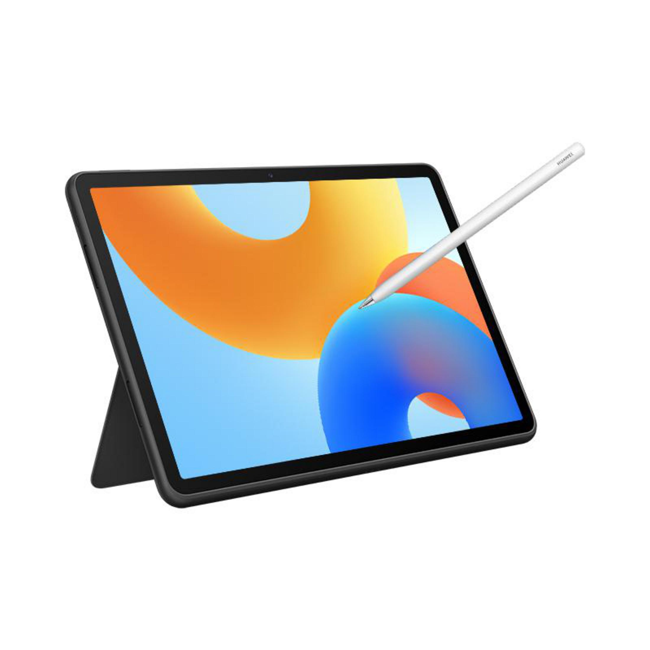 Schwarzes Tablet auf Ständer mit weißem Stift. Abstrakte orange und blaue Hintergrundfarben.