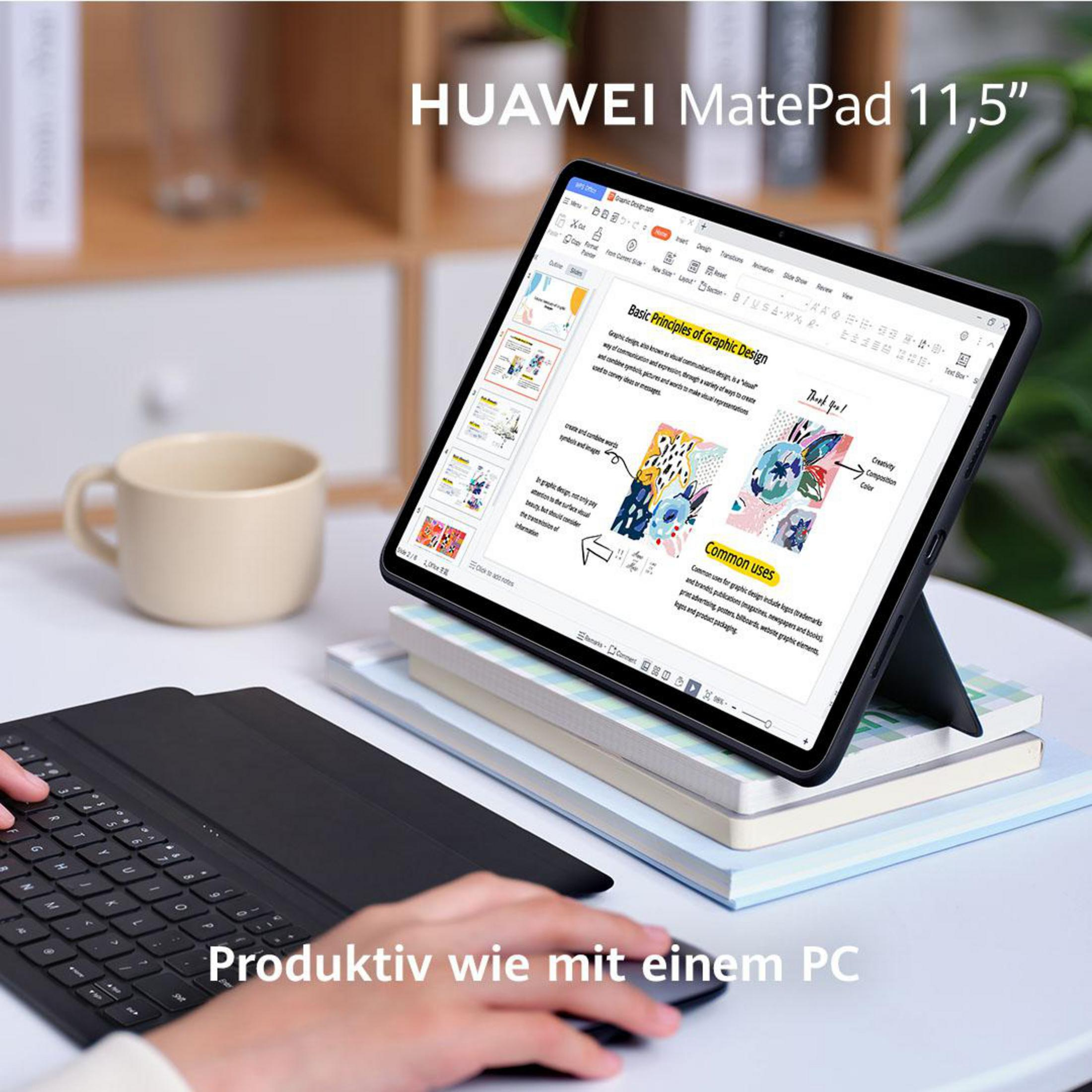 Ein Tablet mit Tastatur auf einem Schreibtisch. Der Bildschirm zeigt ein Grafikdesign-Dokument.