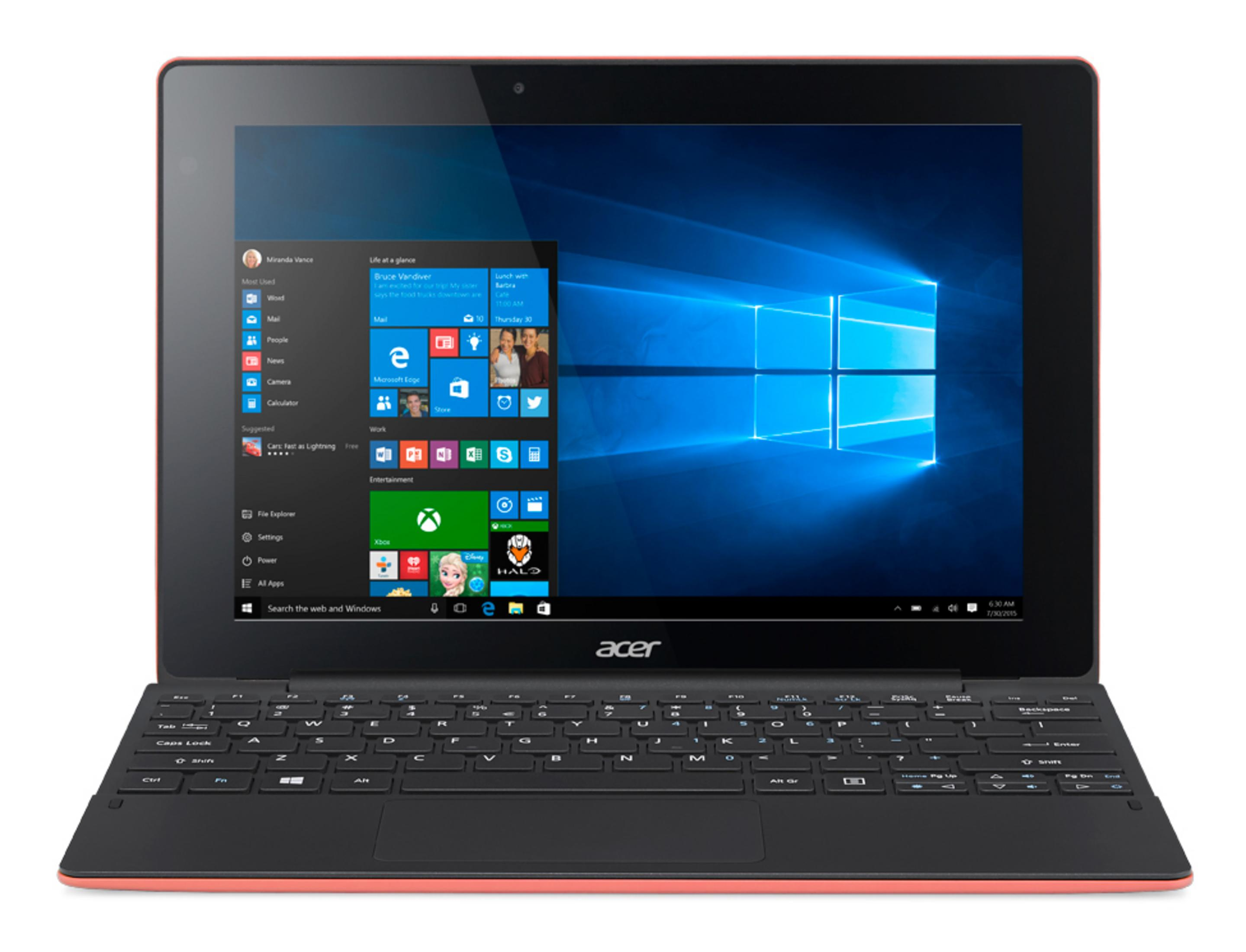 Acer-Tablet mit Tastatur. Windows-Bildschirm auf dem Display. Die Tastatur ist unten sichtbar.