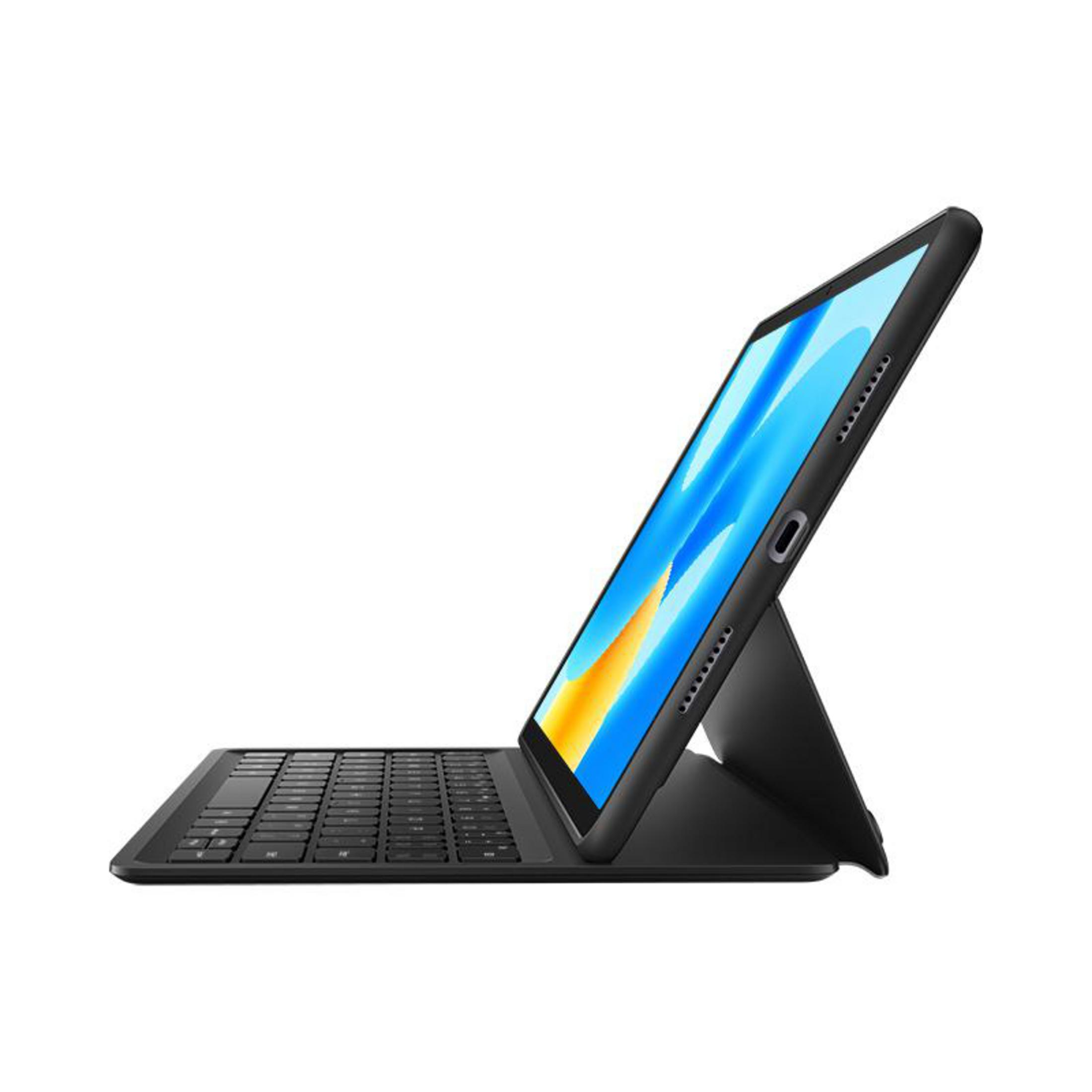 Ein Tablet mit Tastaturhülle, nach oben geneigt. Der Bildschirm ist blau mit gelbem Design.
