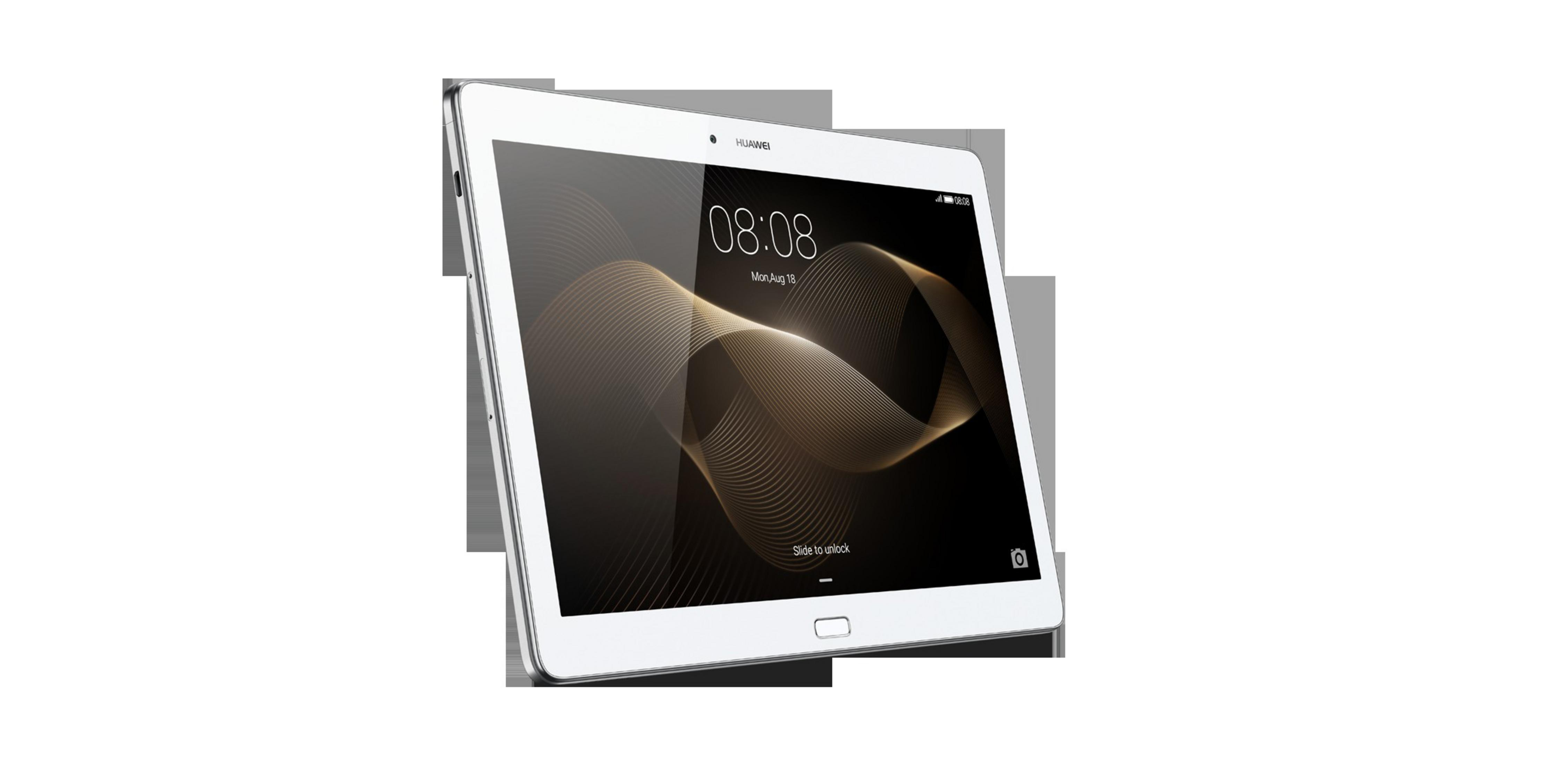 Tablet bianco leggermente angolato. Il display mostra l'ora e un design dorato. Scorri per sbloccare visibile.