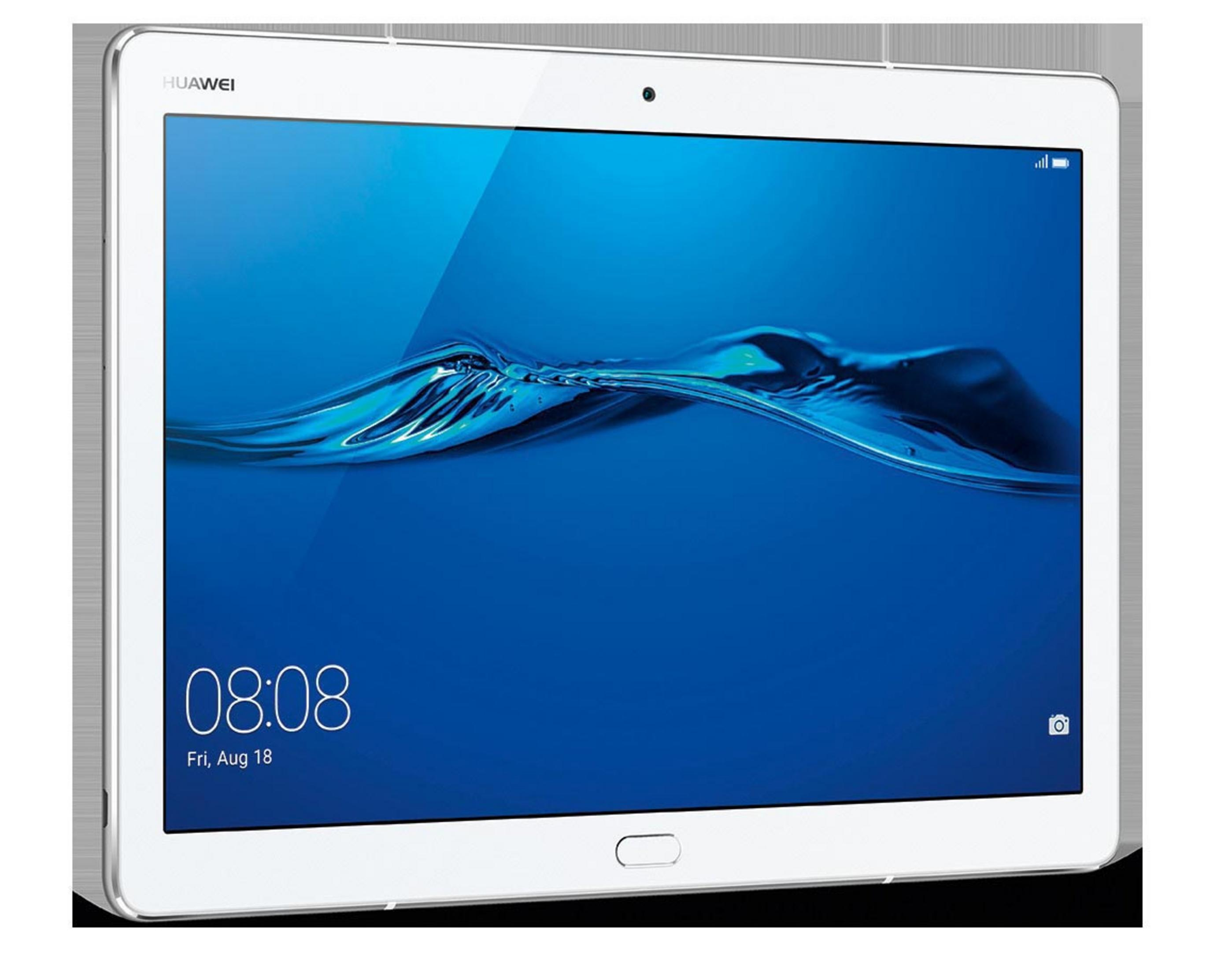 Weißes Huawei-Tablet mit hellblauem Bildschirm. Zeit und Datum werden angezeigt. Kamera-Symbol vorhanden.
