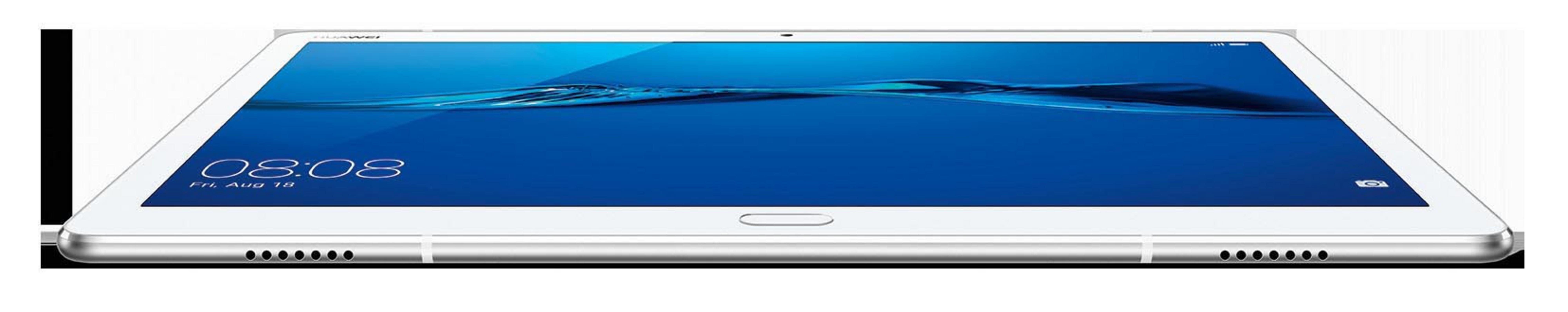Weißes Tablet Seitenansicht, zeigt Lautsprecher und Seitentasten, blauer Bildschirm.