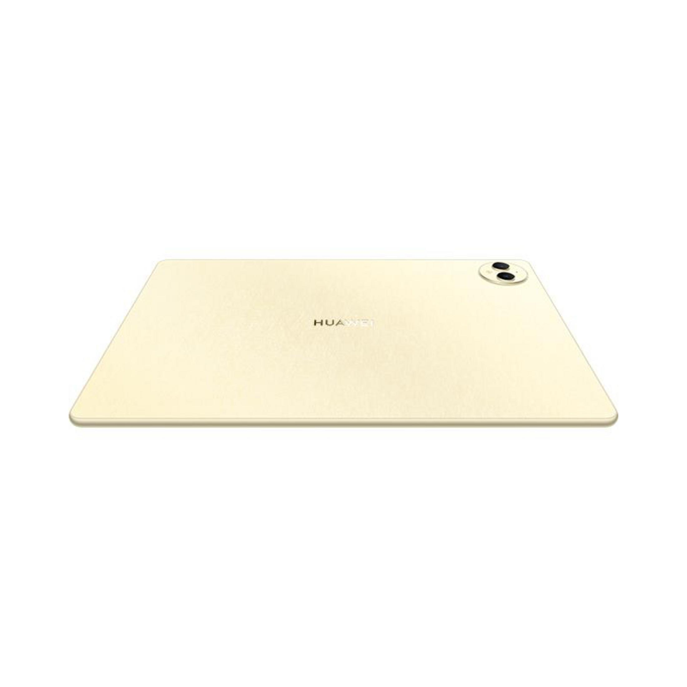 Rückseite eines goldenen Tablets. Zwei Kameralinsen oben rechts. Huawei-Logo in der Mitte.