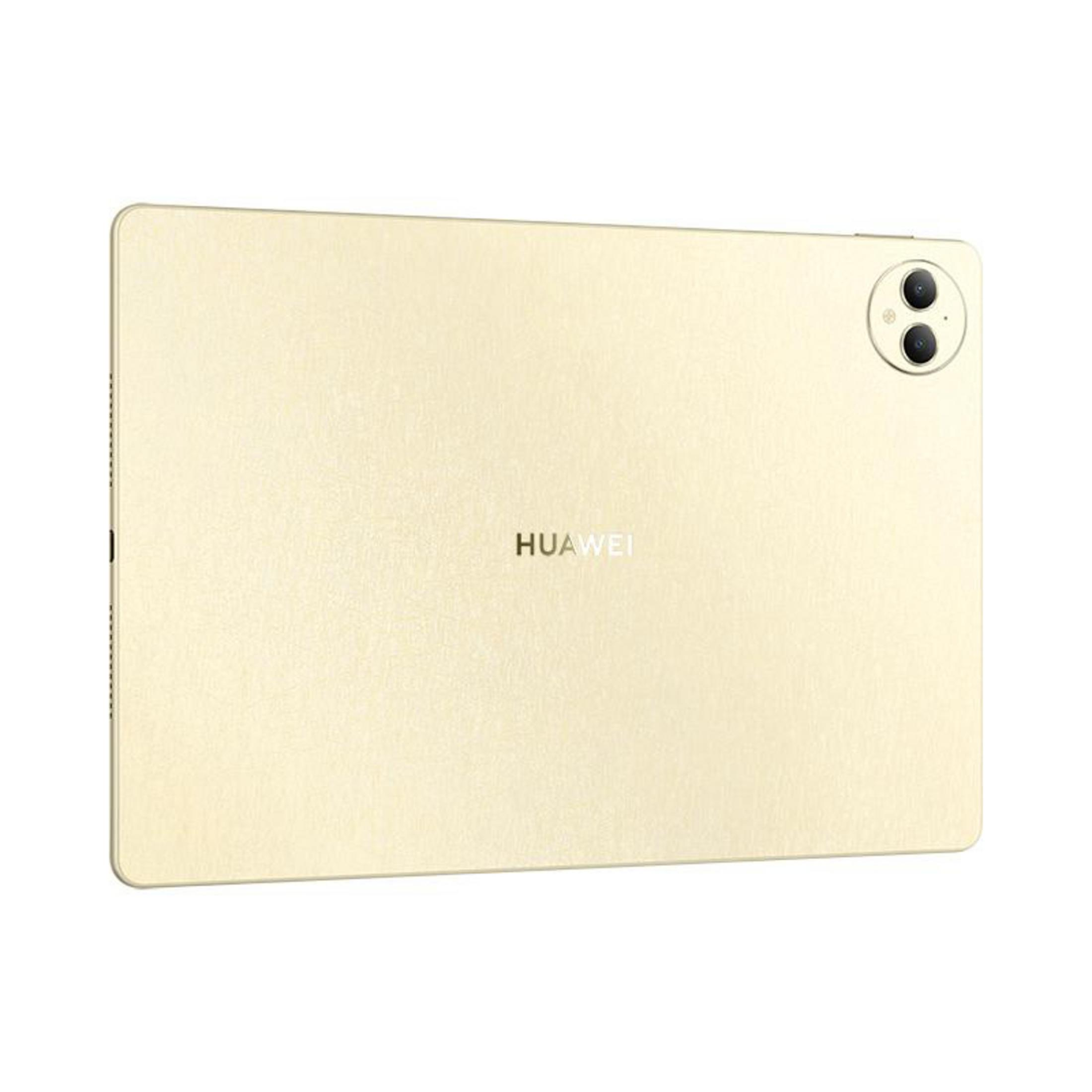 Goldenes Tablet mit Kamerahügel und dem Wort HUAWEI. Der Hintergrund ist weiß.