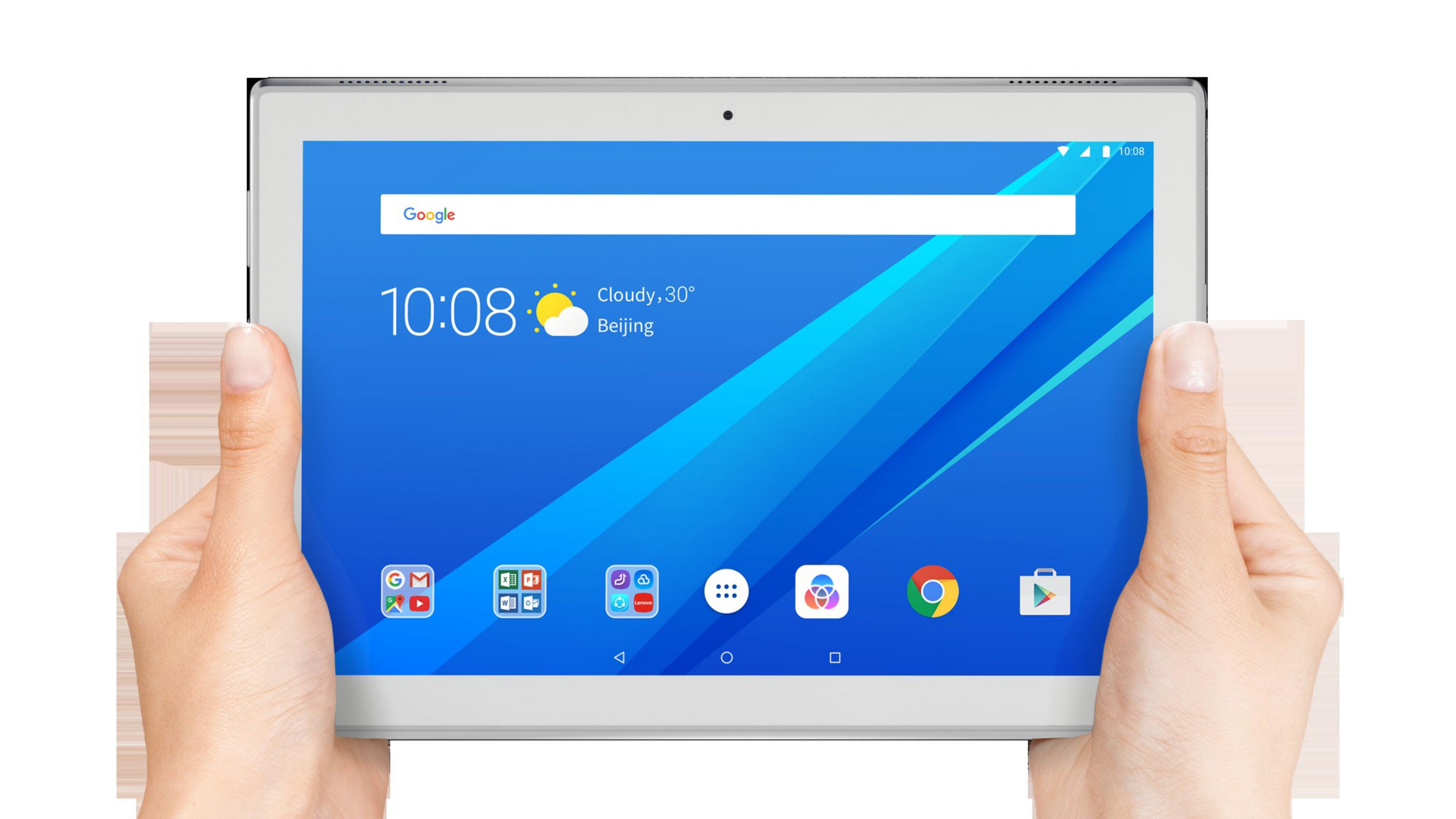 Tablet in Händen, zeigt Google-Suchleiste, Uhrzeit, Wetter und App-Symbole auf dem Bildschirm.