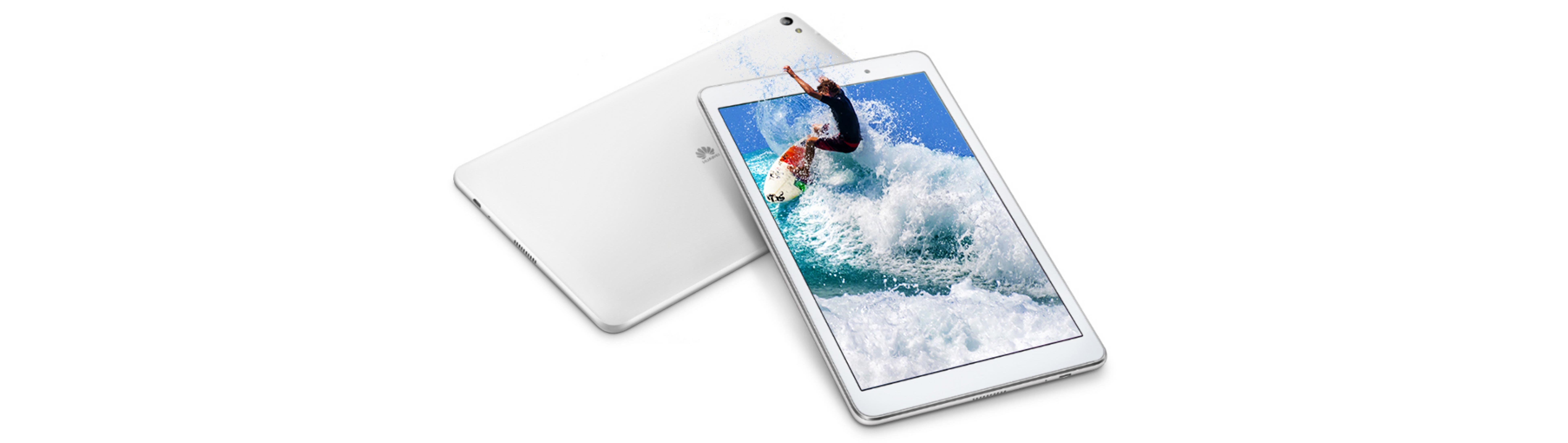 Weißes Huawei Tablet mit Surfer auf dem Bildschirm und ein weiteres Tablet dahinter.