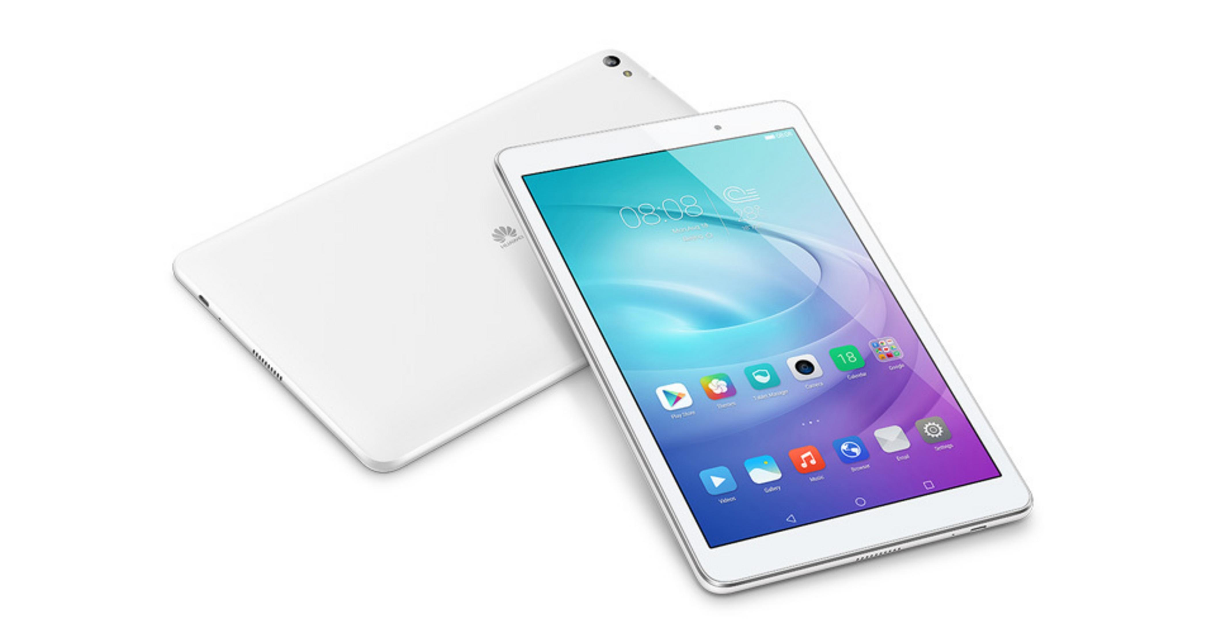 Weißes Tablet mit farbenfrohem Bildschirm mit App-Symbolen. Ein weiteres Tablet dahinter.