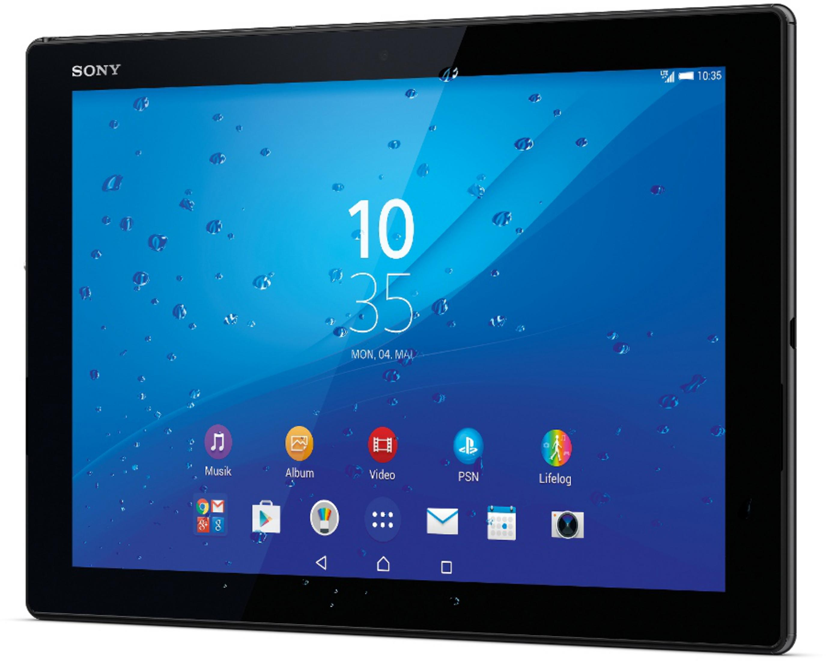 Schwarzes Sony Tablet mit blauem Display, zeigt Wassertropfen, Uhrzeit, Datum und App-Symbole.