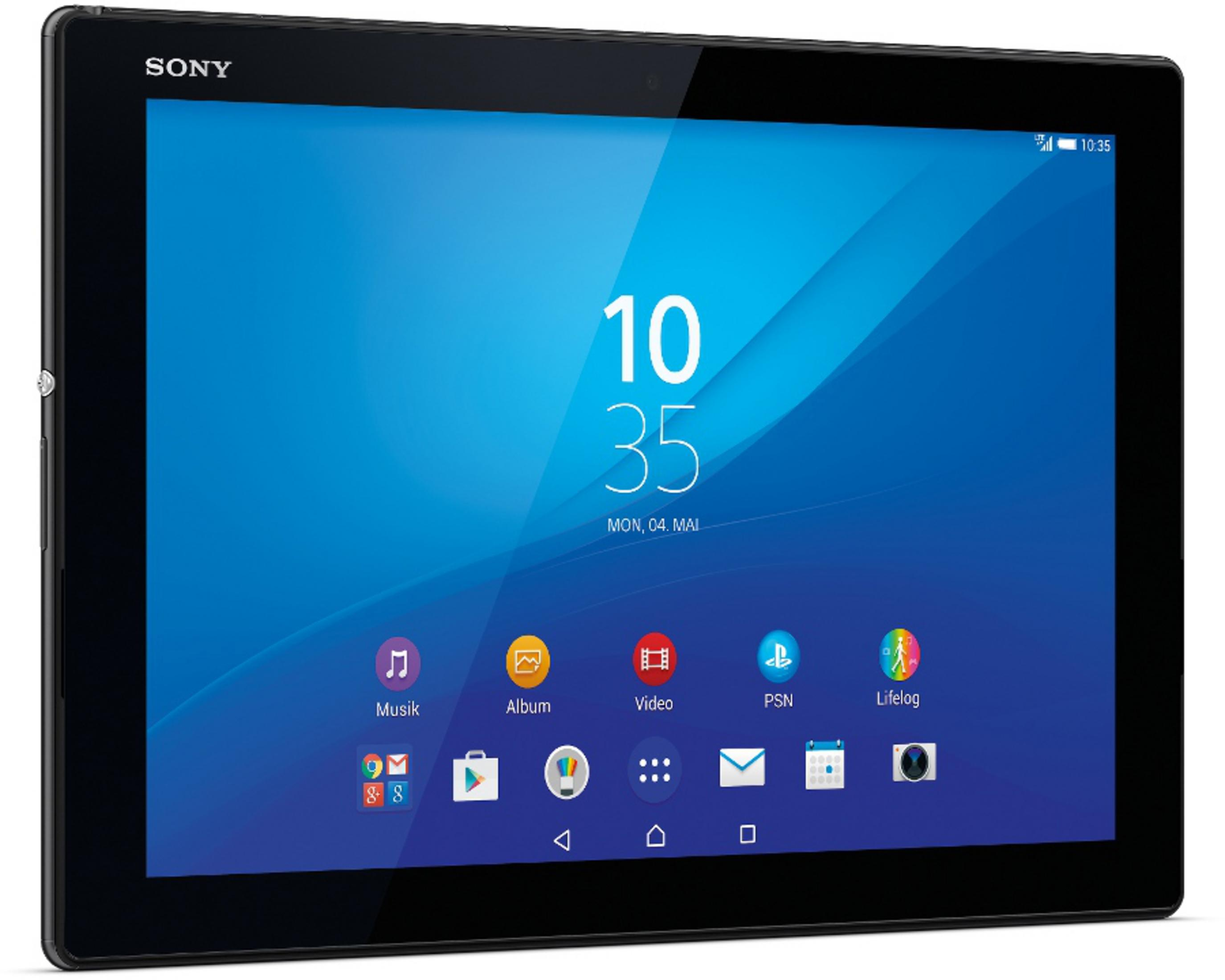 Schwarzes Tablet, blauer Bildschirm, Uhrzeit und App-Symbole. Marke SONY oben links.