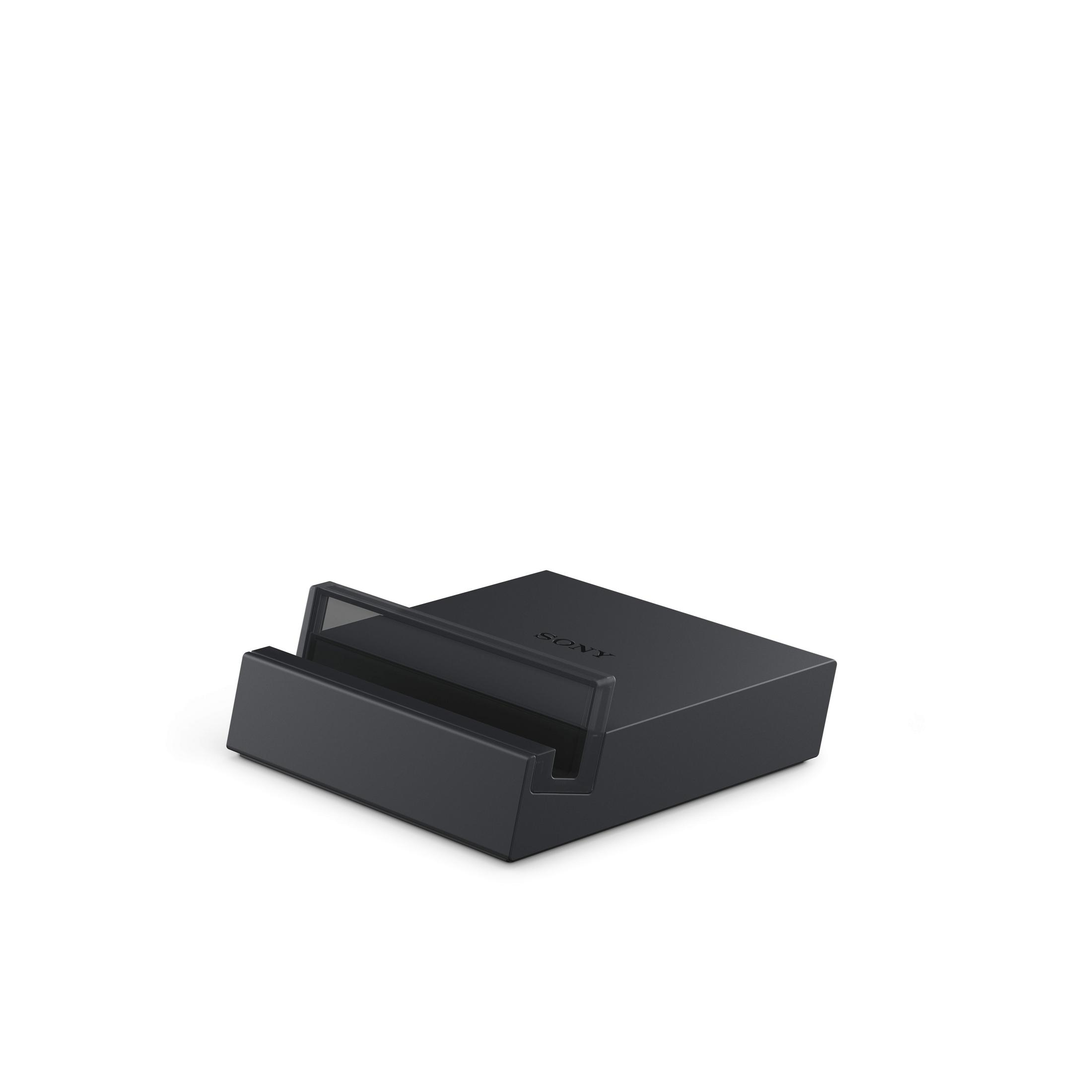 Schwarzer Sony Tablet-Ständer, eine rechteckige Basis mit einer Aussparung für ein Tablet.