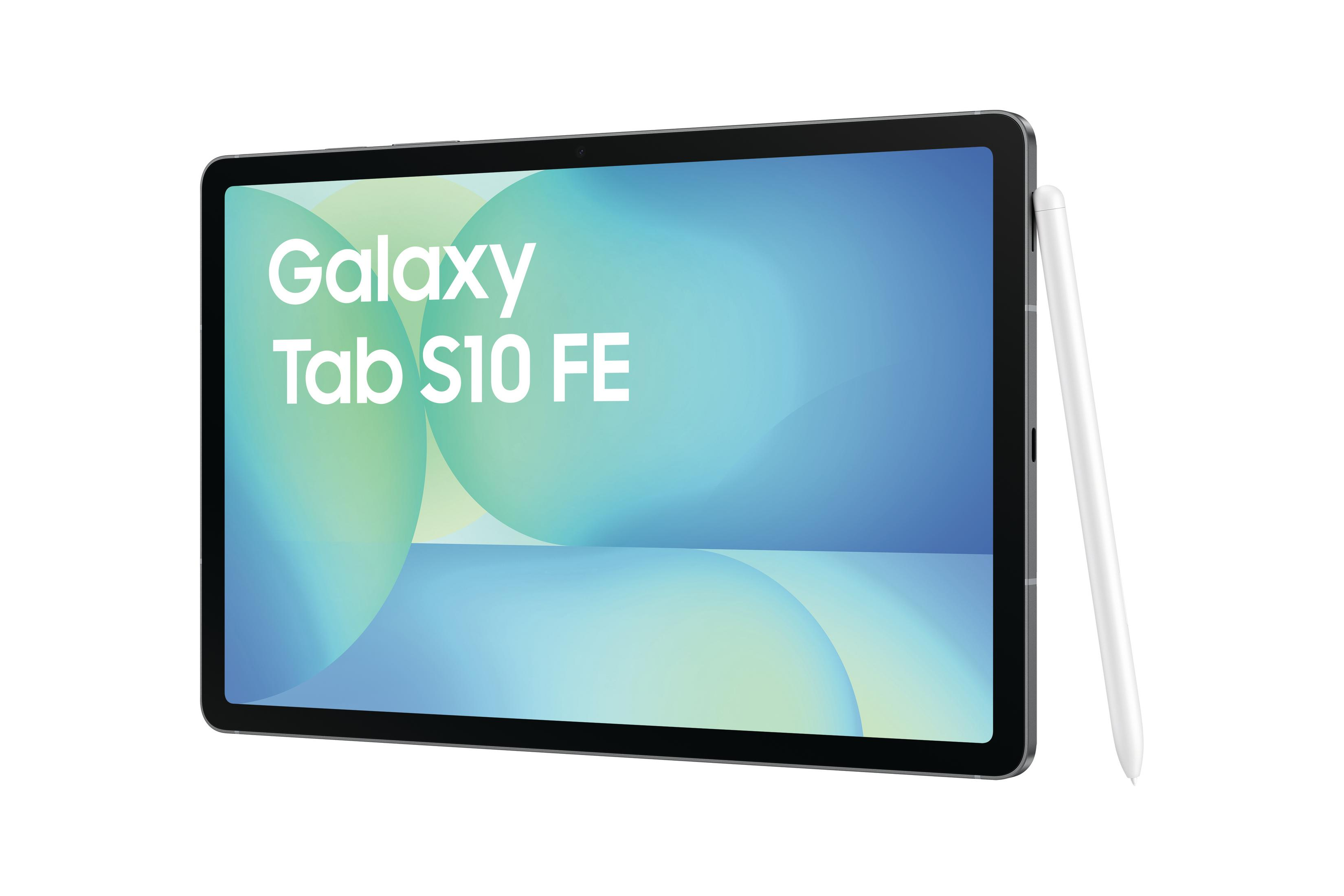 Galaxy Tab S10 FE z rysikiem. Tablet ma niebiesko-biały ekran.