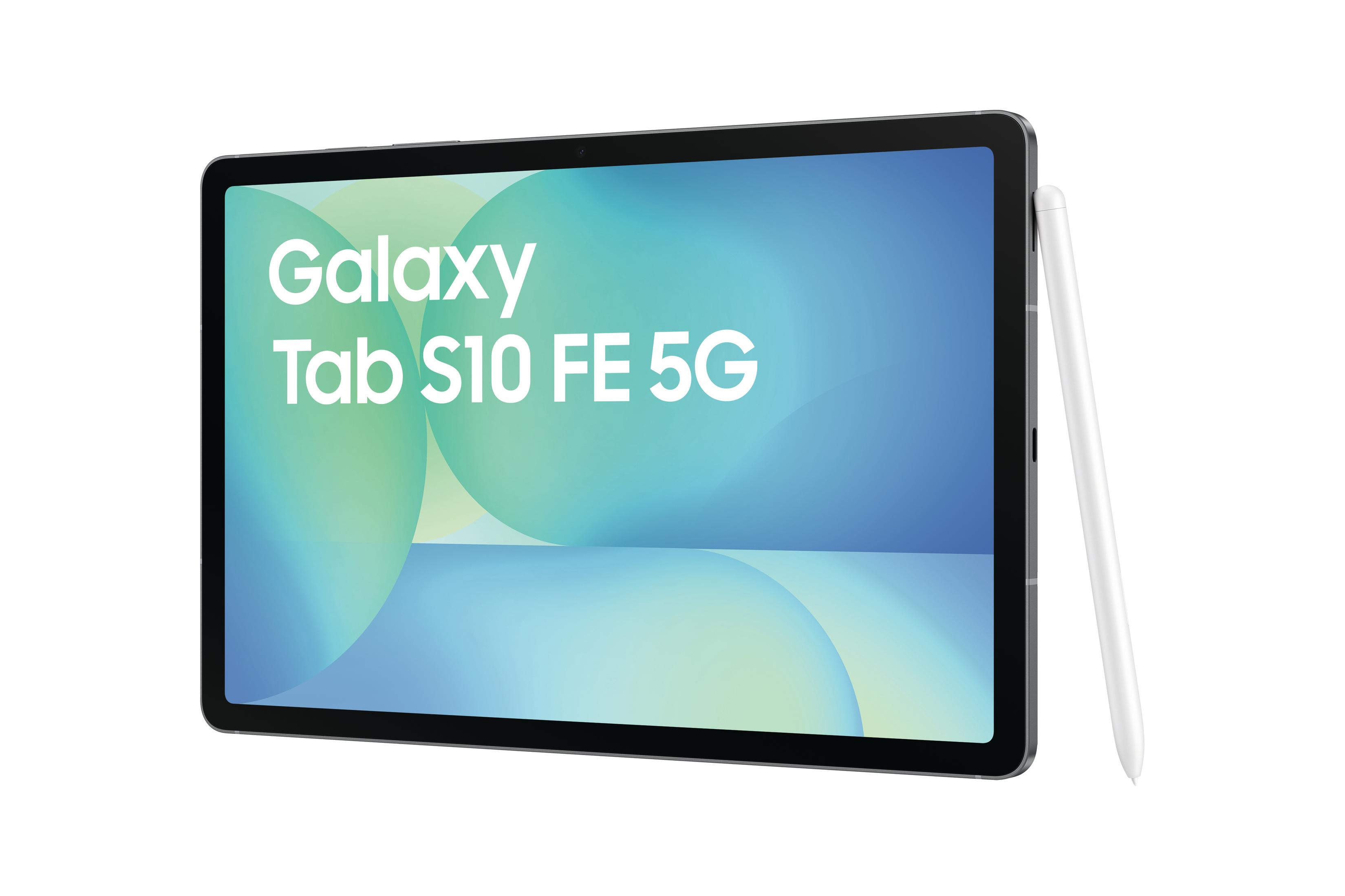 Tablet Galaxy Tab S10 FE 5G z białym rysikiem. Ekran pokazuje niebiesko-zielone tło.