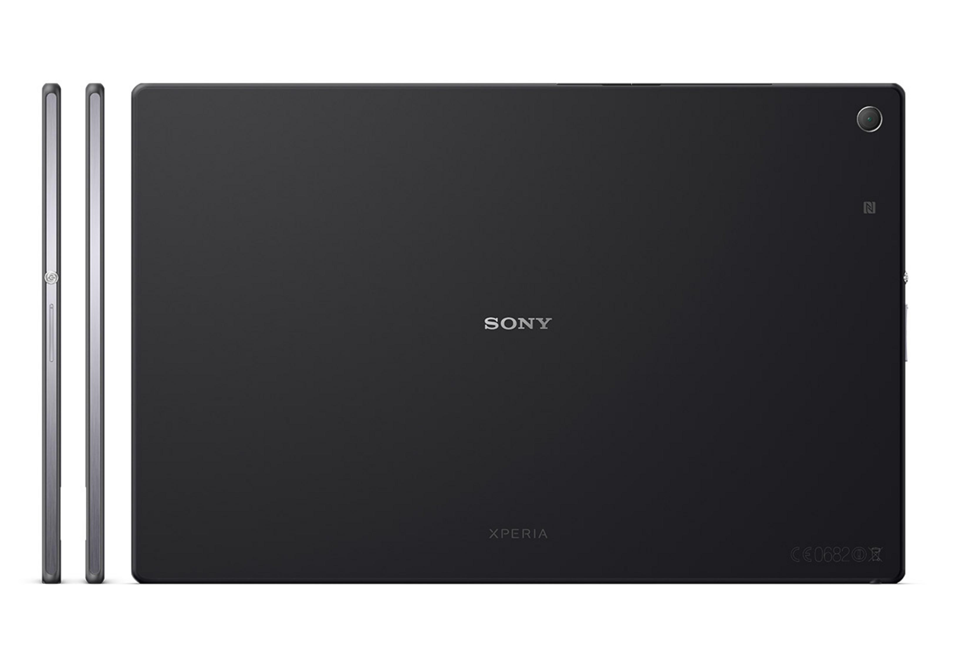 Sony Tablet und Seitenansicht. Schwarzes Tablet mit Sony-Logo. Schräge Ansicht.