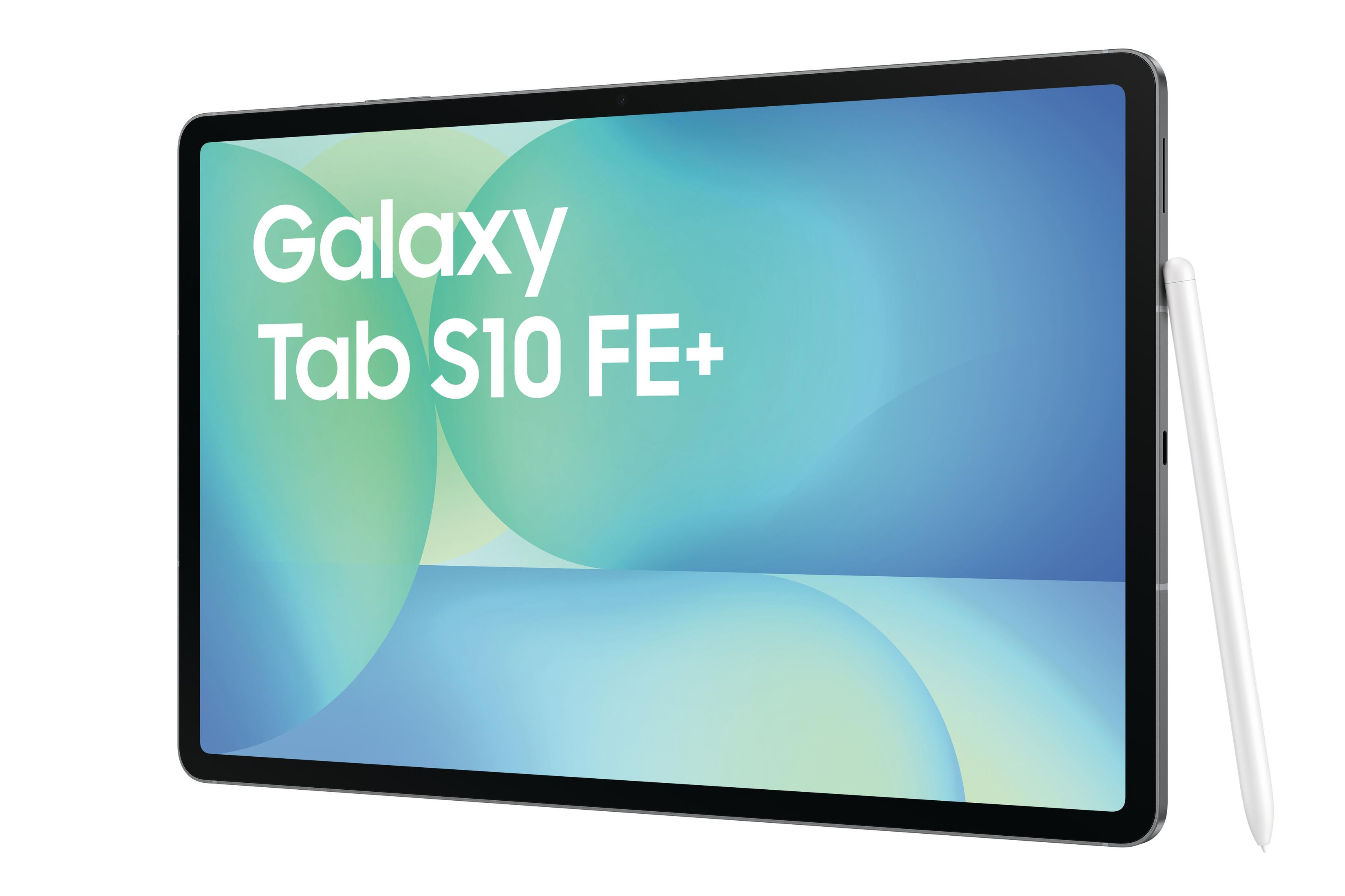 Tablet Galaxy Tab S10 FE+ z białym rysikiem. Ekran ma niebieskie i zielone tło.