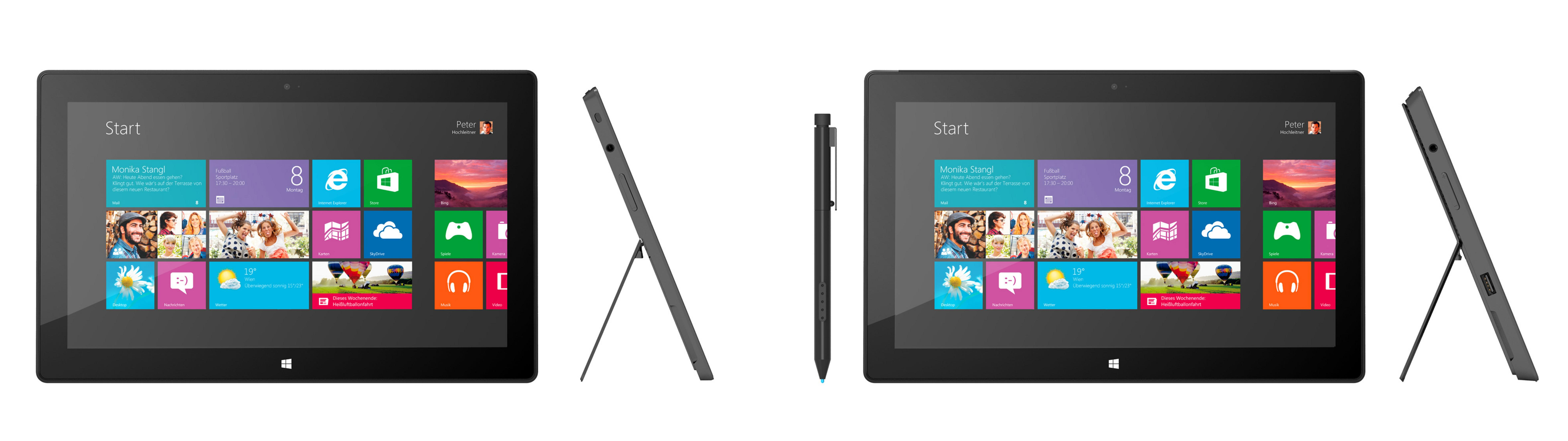 Tablet mit Windows-Oberfläche. Vorder-, Seiten- und Schrägansicht. Weißer Hintergrund.