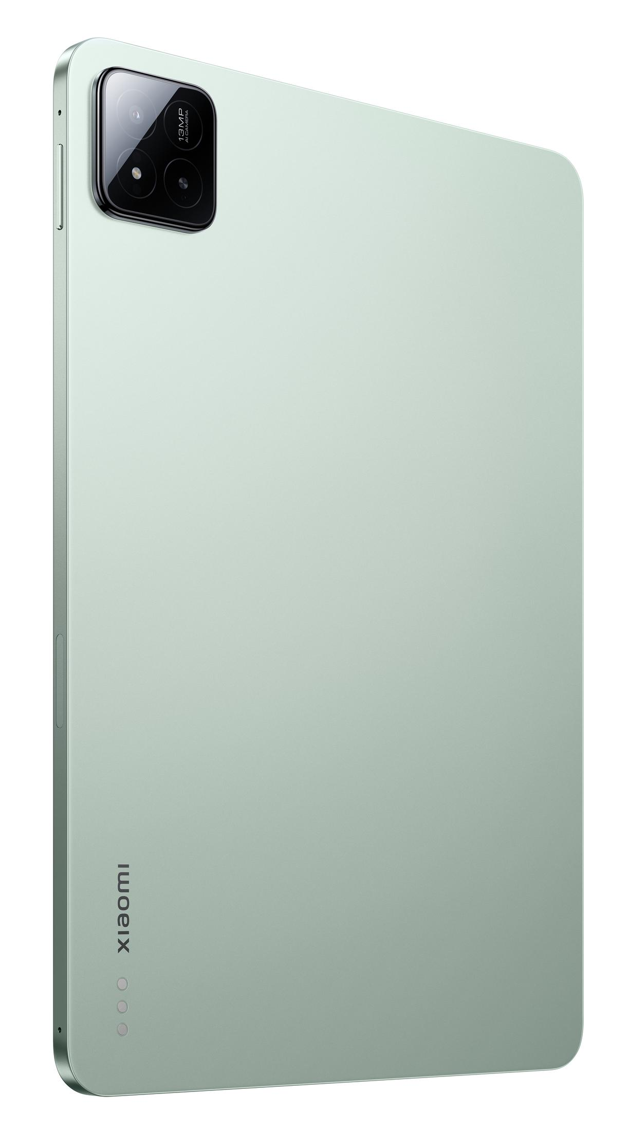 Tableta verde menta, vista trasera, protuberancia de la cámara arriba a la izquierda. Logotipo de Xiaomi abajo a la izquierda.
