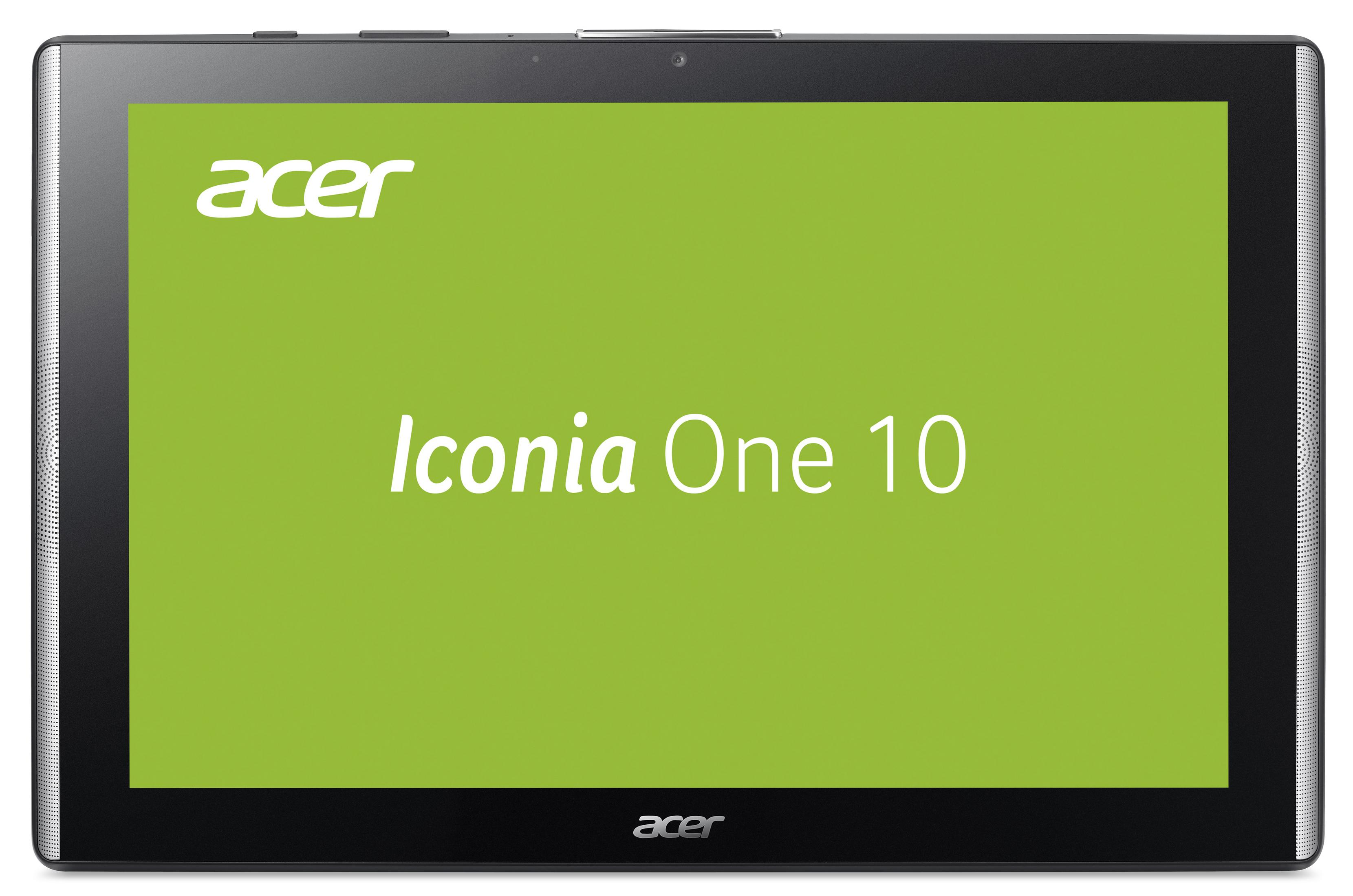 Acer Iconia One 10 Tablet mit grünem Display. Acer-Logo und Text sind auf dem Bildschirm zu sehen.