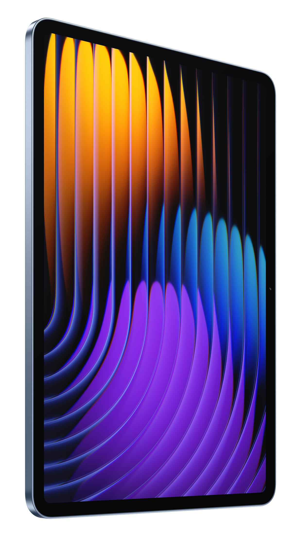 Schermo del tablet con linee verticali astratte arancioni, gialle, viola e blu su sfondo nero.