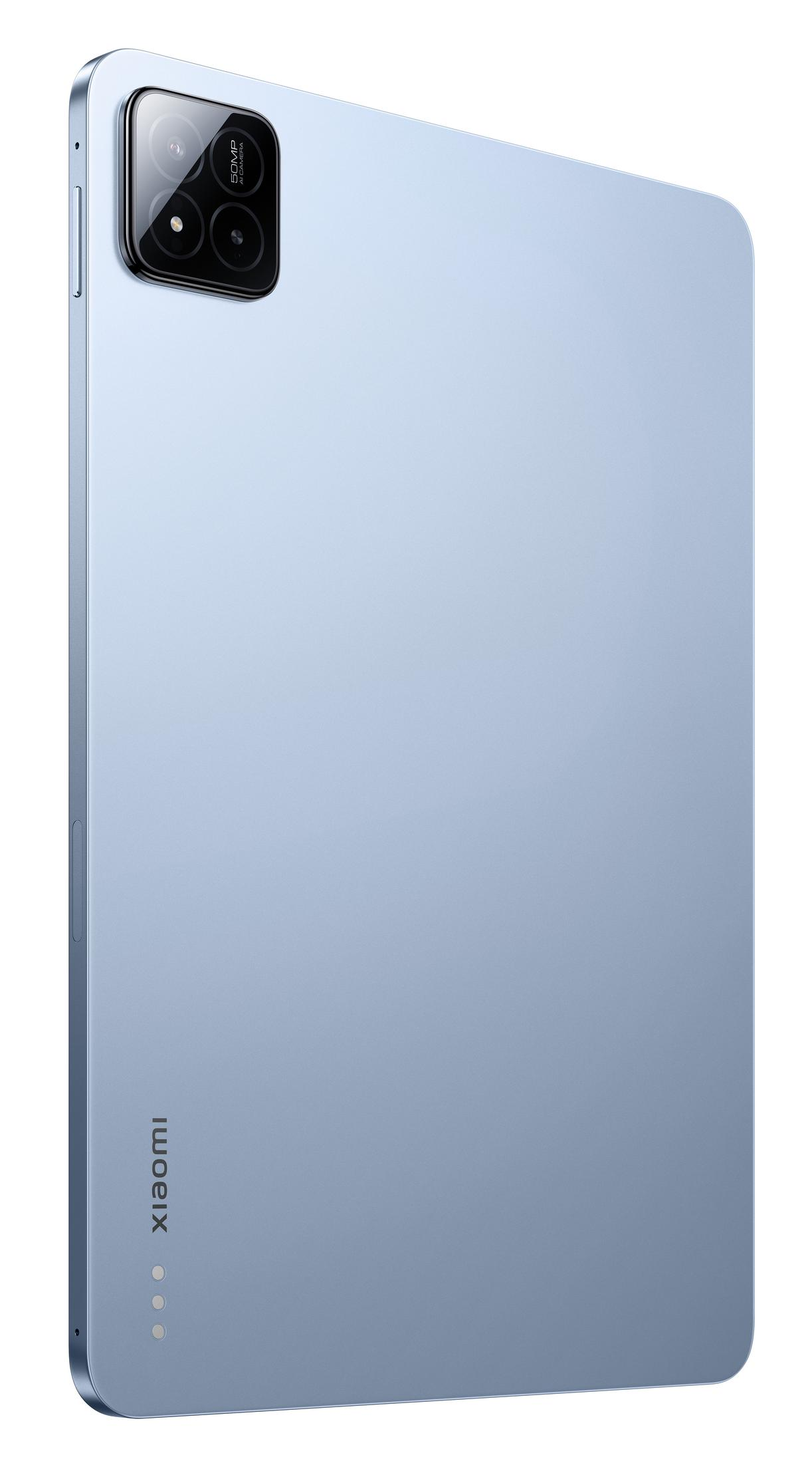 Tablet blu, vista posteriore. Doppia fotocamera, flash e logo Xiaomi. Colore azzurro.