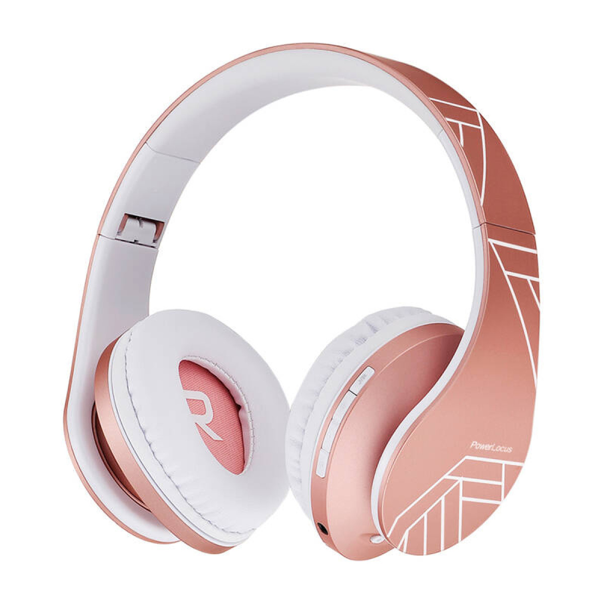 Roségoldene Kopfhörer mit weißen Ohrmuscheln und geometrischem Design. Zeigt das Logo 'PowerLocus'.