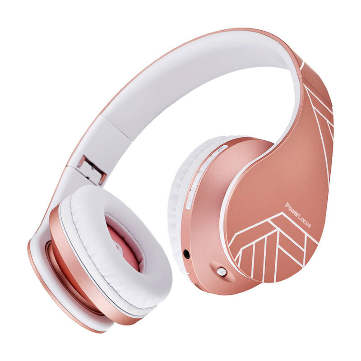 Roségoldene Kopfhörer mit weißen Akzenten und geometrischem Design.