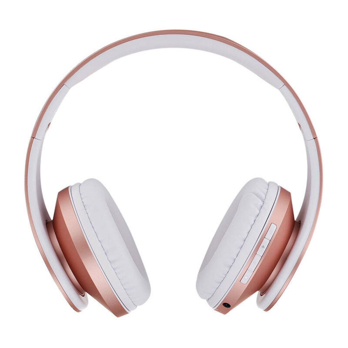 Roségoldene und weiße Kopfhörer, Draufsicht. Ohrmuscheln und Kopfband sind weiß.