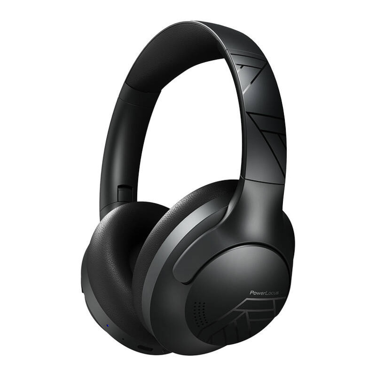 Schwarze Kopfhörer mit Ohrmuscheln und Kopfband. Angeschnittene Ansicht.