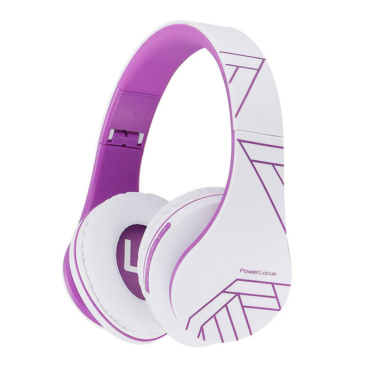 Cuffie bianche e viola con design geometrico. Marchio PowerLocus sul lato.