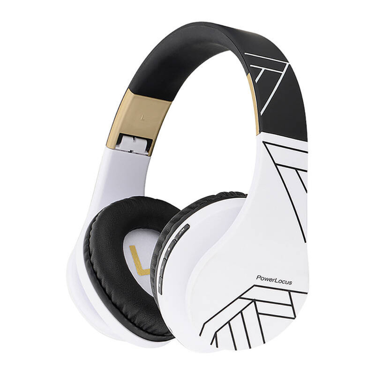 Cuffie bianche con padiglioni neri e dettagli dorati. Marchio PowerLocus, design geometrico.