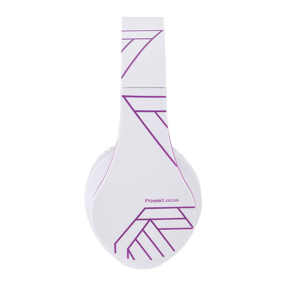Cuffie bianche con design geometrico viola. Marchio PowerLocus.