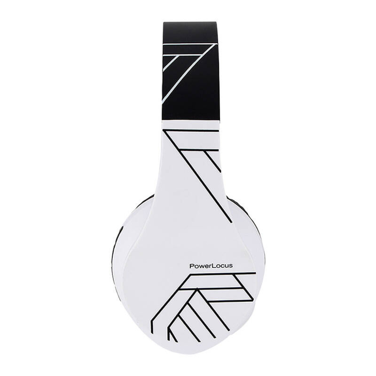 Cuffie bianche con design geometrico nero sull'archetto, logo PowerLocus sul padiglione.