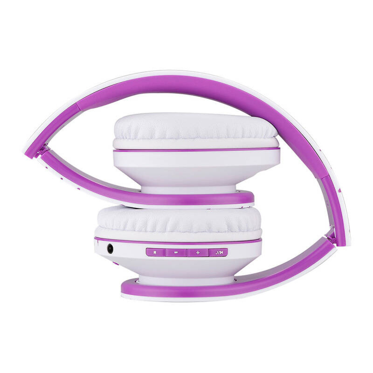 Cuffie piegate, padiglioni bianchi con dettagli viola, cuscinetti bianchi e archetto viola.