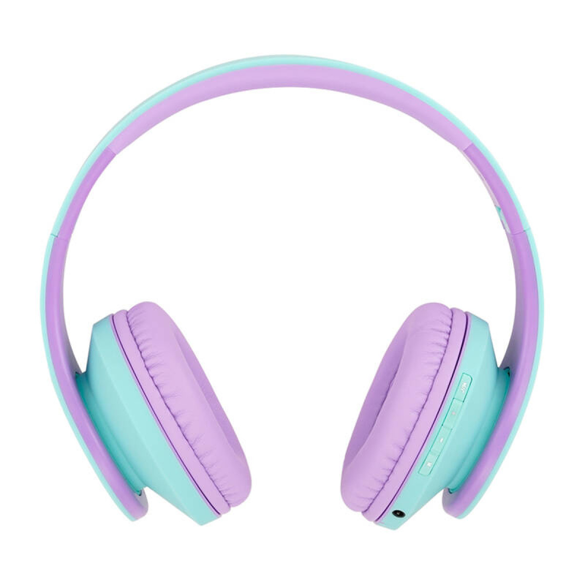 Cuffie over-ear. Padiglioni auricolari azzurri, archetto viola, dettagli azzurri. Sfondo bianco.