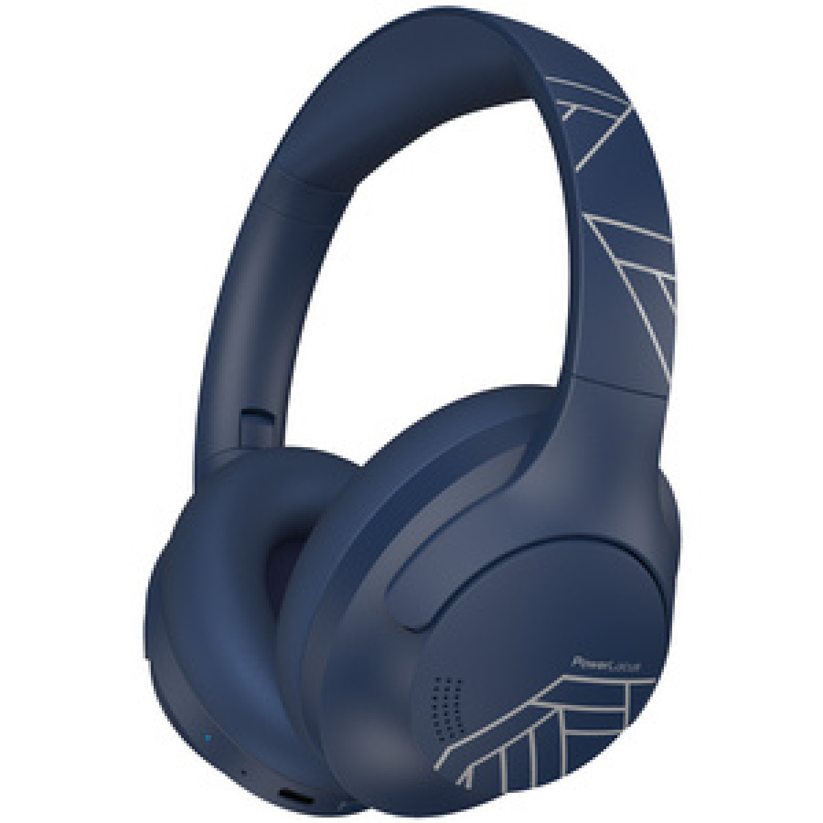 Marineblaue Over-Ear-Kopfhörer mit weißem geometrischem Design auf dem Kopfband. Weißer Hintergrund.