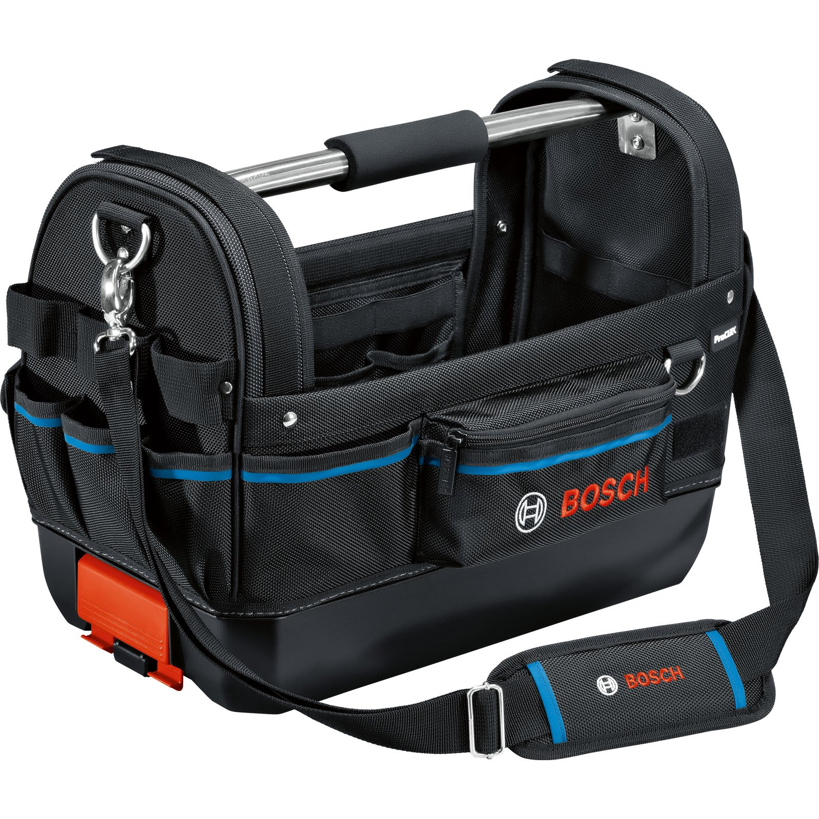 Eine schwarze Bosch Werkzeugtasche mit blauen und roten Akzenten. Sie hat einen Schultergurt.