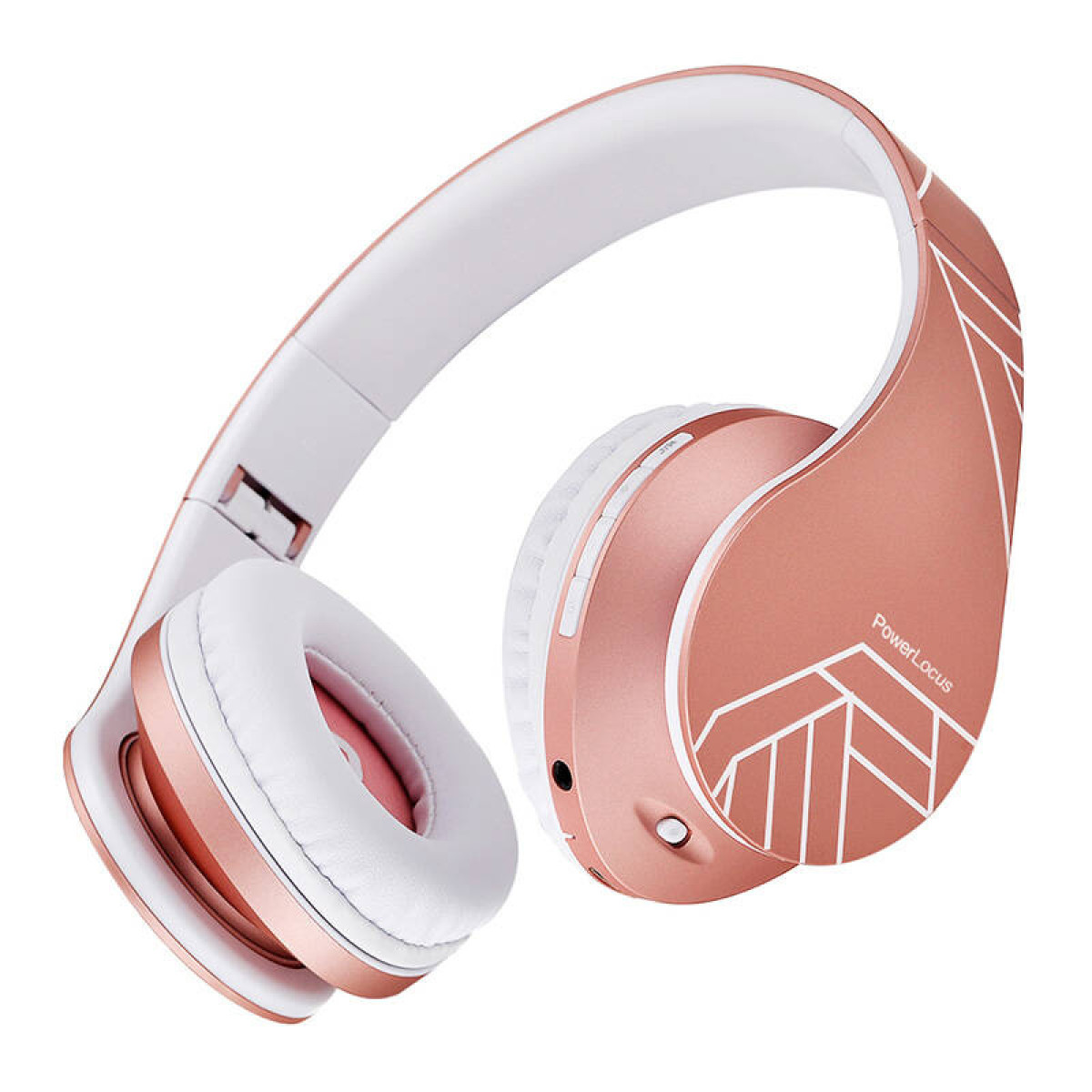 Roségoldene Kopfhörer mit weißen Ohrmuscheln und geometrischem Design. Weißer Hintergrund.