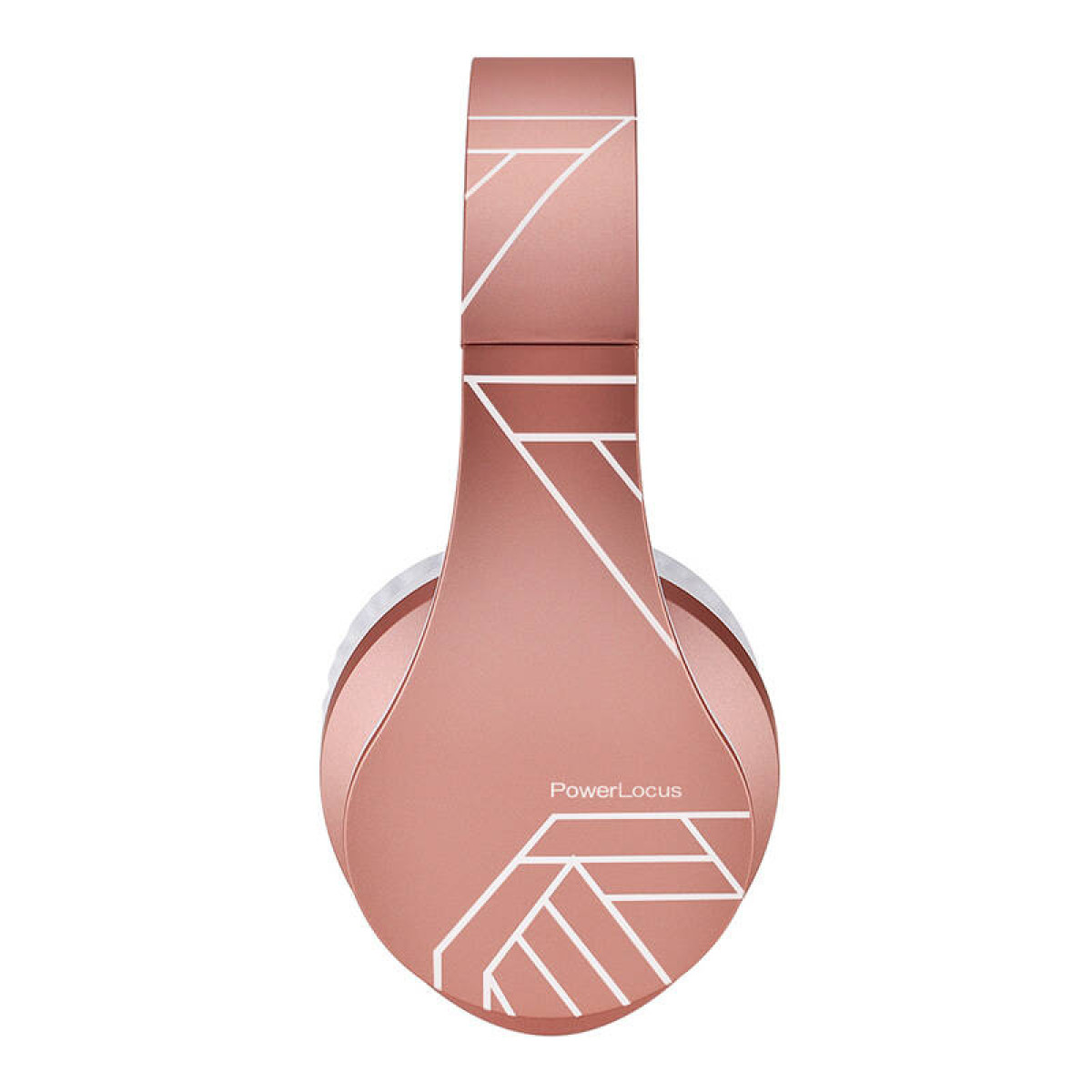 Roségoldene Kopfhörer, Rückansicht. Weißes geometrisches Design. Weißer Hintergrund.